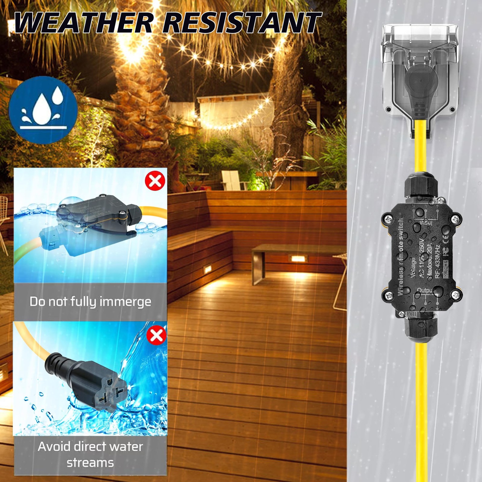 AC110250V Waterproof Remote Control Power Switch Outlet 20A 165 Ft Range