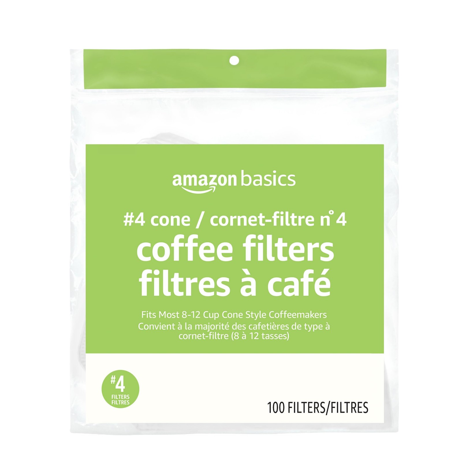 Amazon Basics #4 Cone Coffee Filters, 8-12 Cup Coffee Makers, White, 100 Count