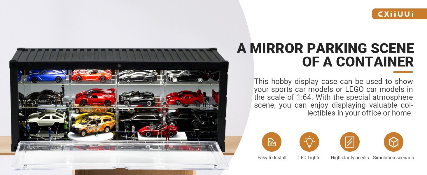 Car Display Case 16 Acrylic LED Light 1/43 Model Diecast 1/64 Garage Box Cabinet