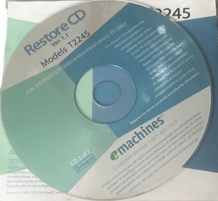 eMachines Restore CD T2245 Version 1.1 Models T2245- 2 Disc Set for Desktop PC