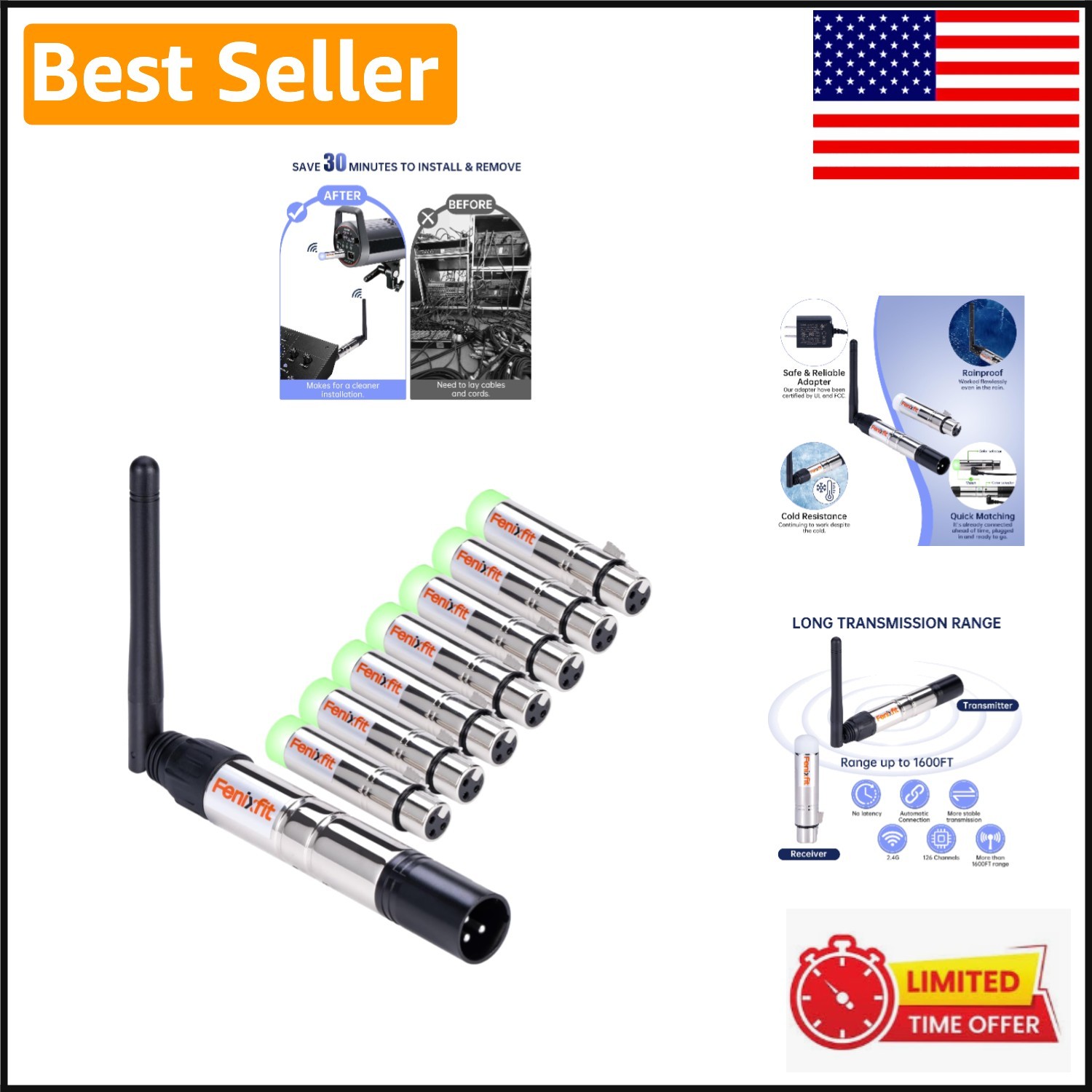 Reliable Weather-Resistant Wireless DMX Transmitter & 7 Receivers - DJ Essential