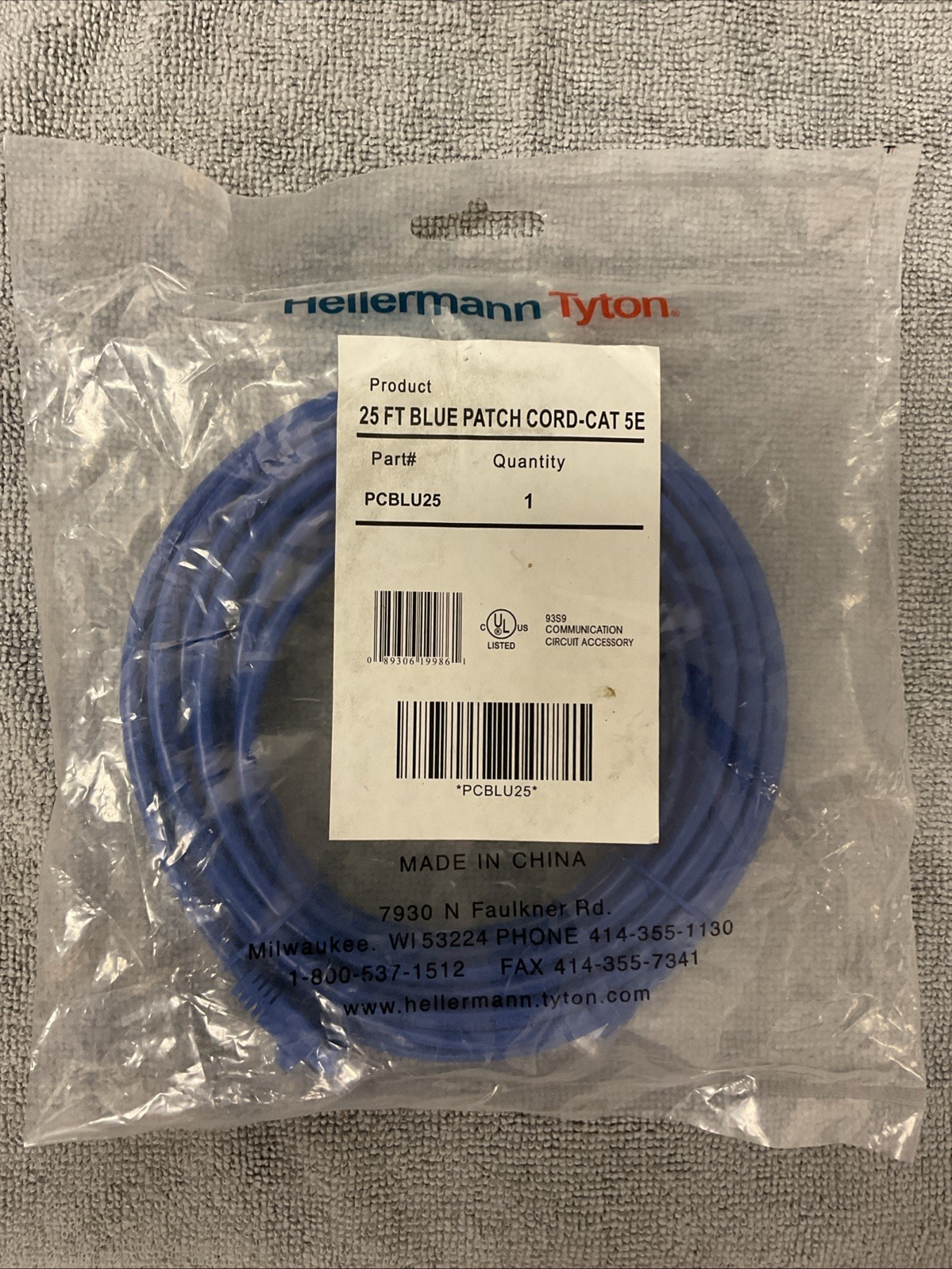 Hellermann Tyton PCBLU25 Category 5e Patch Cord, 25ft Length, Blue