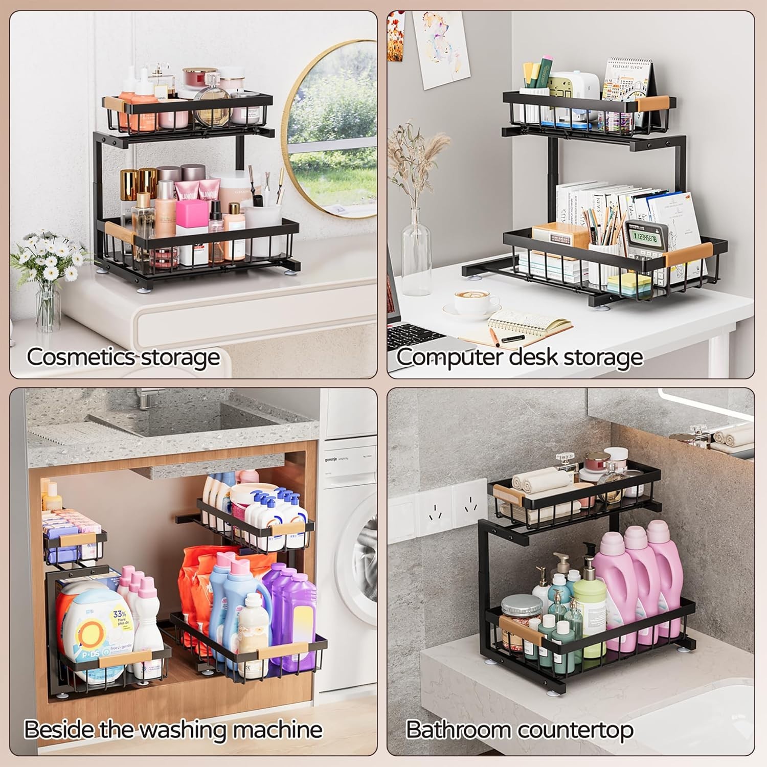 Under Sink Organizer, 2 Pack 2 Tier Expandable Height (13.2" - 17.2") Pull