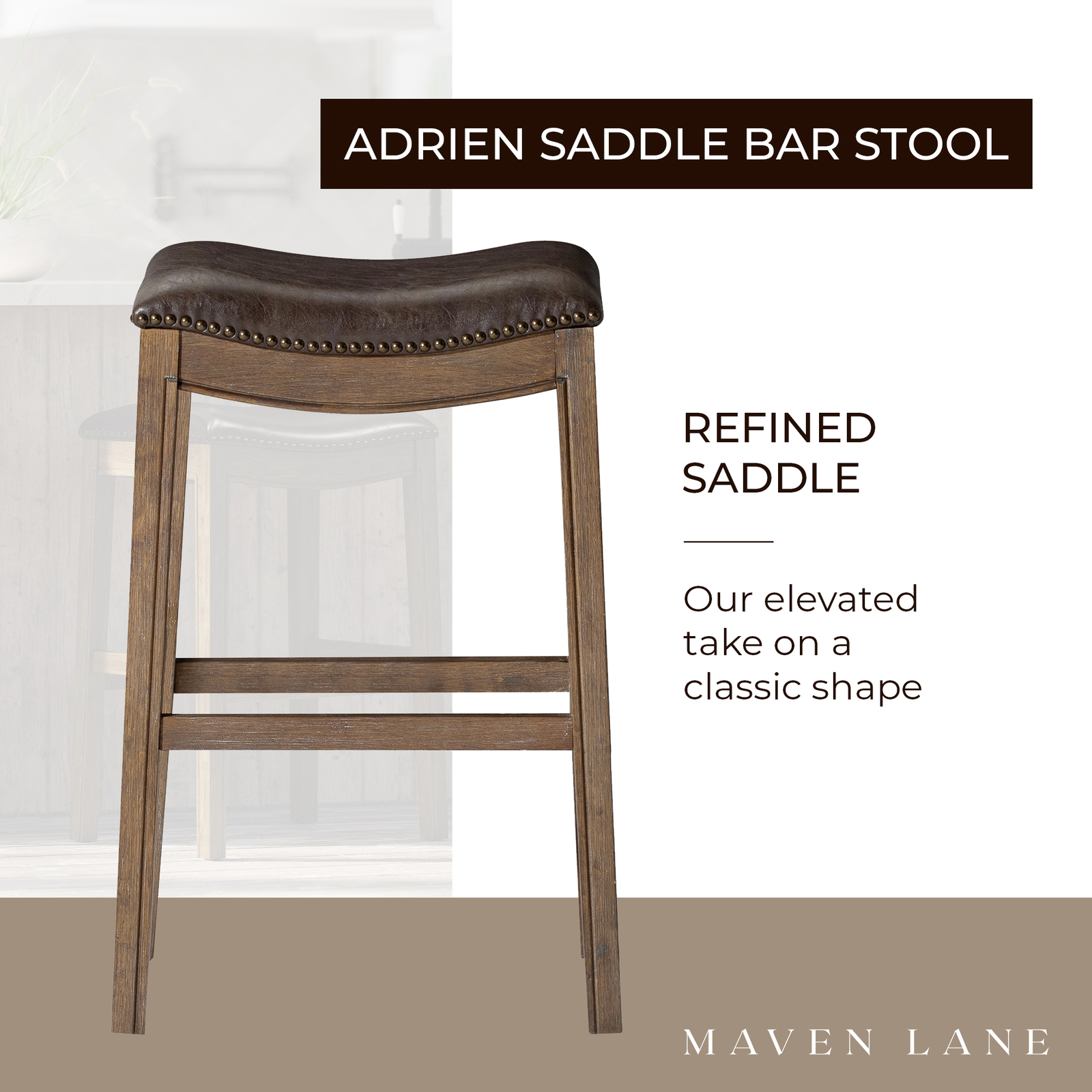 Maven Lane Adrien Saddle Barstool in Walnut Finish w/Saddle Vegan Leather (Used)