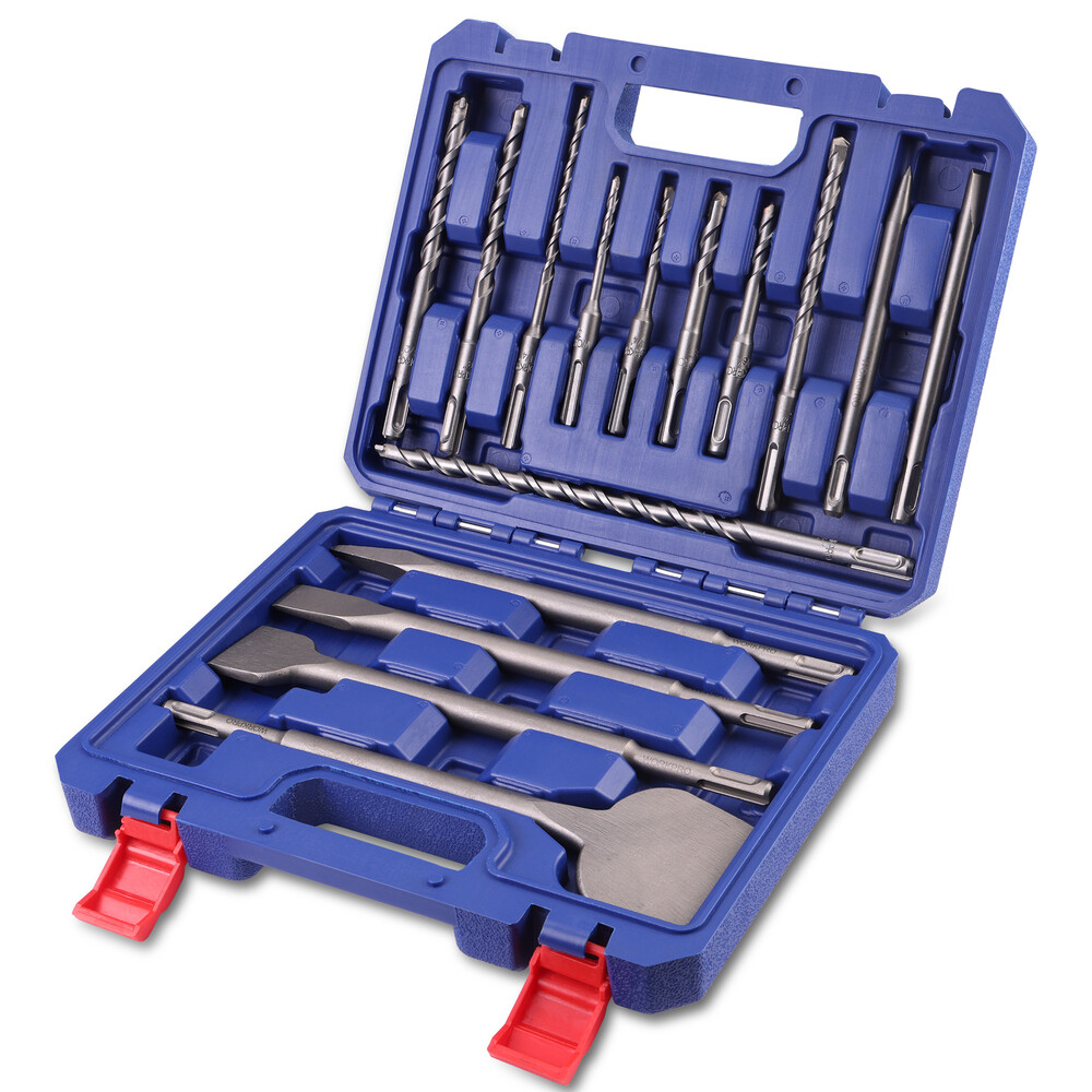 WORKPRO 16PC SDS-Plus Rotary Hammer Drill Bits Chisel Set Carbide-Tipped Masonry