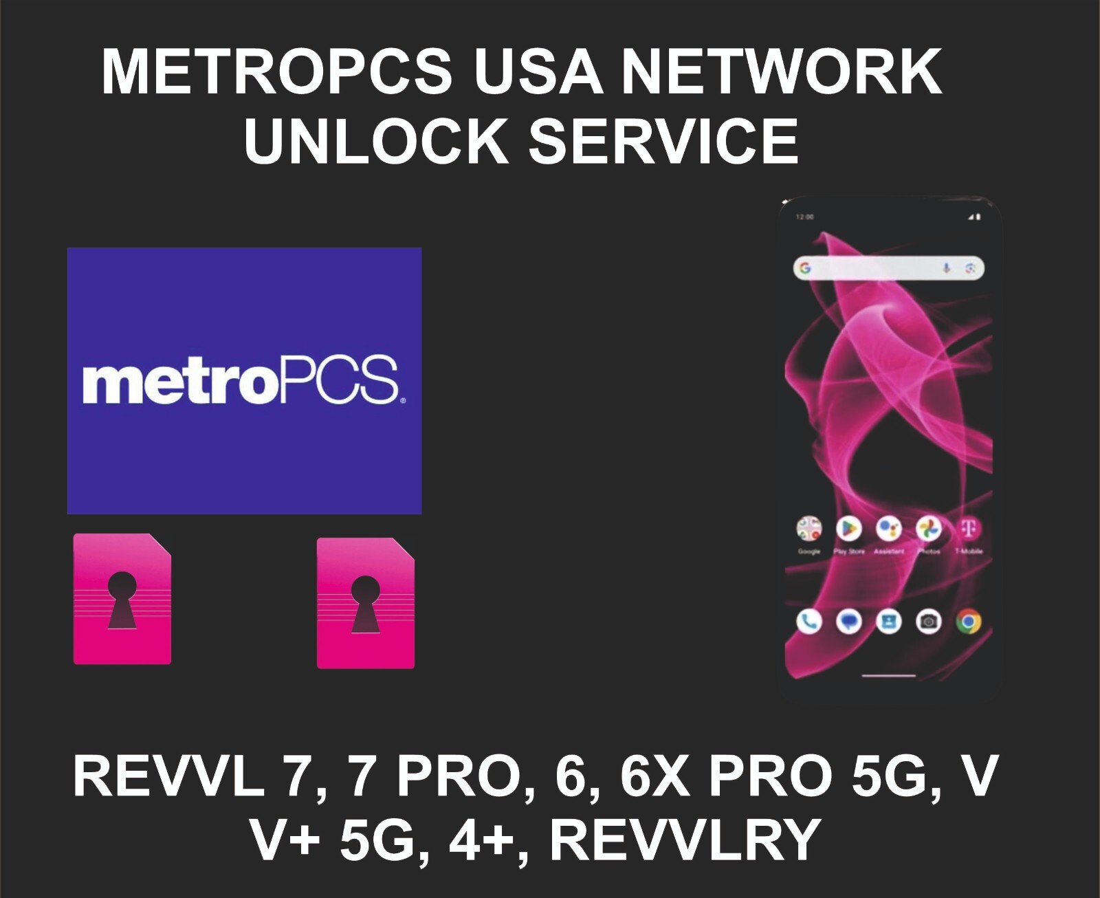 Metropcs Unlock,  Revvl 7, 7 Pro, 6X Pro, 6 Pro, V+ 5G,  4, 4+, Revvlry