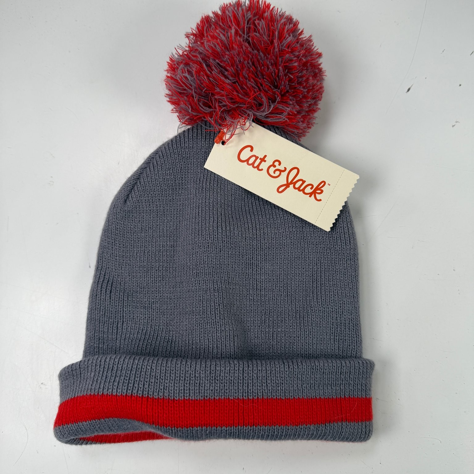 Cat & Jack Boys Grey Red Knit Beanie Hat OSFM Pom Pom Acrylic Warm