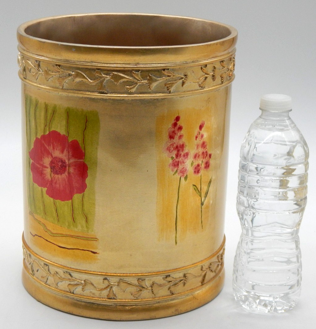Gold Decoupage Ornate Brushed Style Elegant Floral Heavy Waste Basket Beautiful
