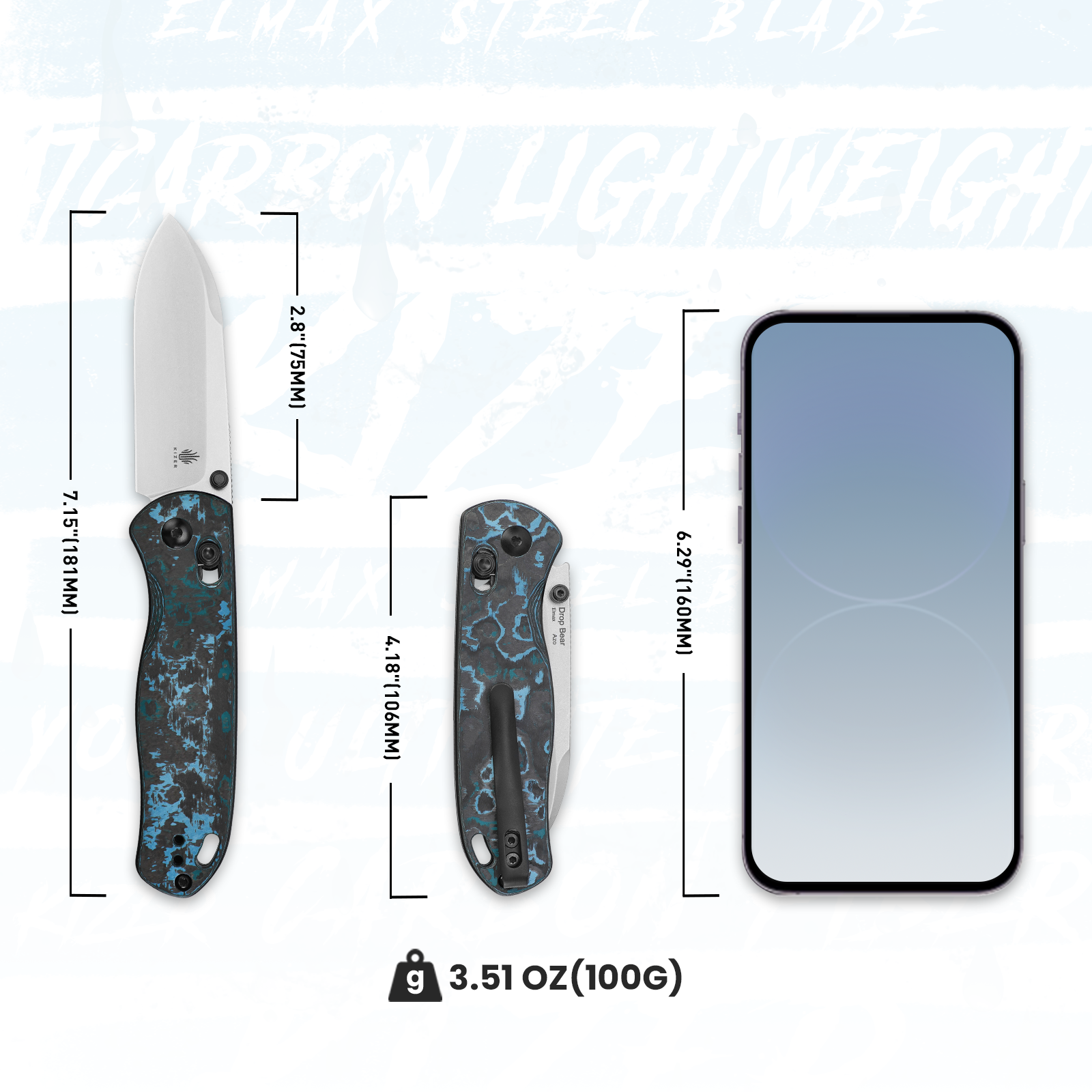Kizer AZO Drop Bear Folding Knife Elmax Blade Clutch Lock Fatcarbon Ki3619A2