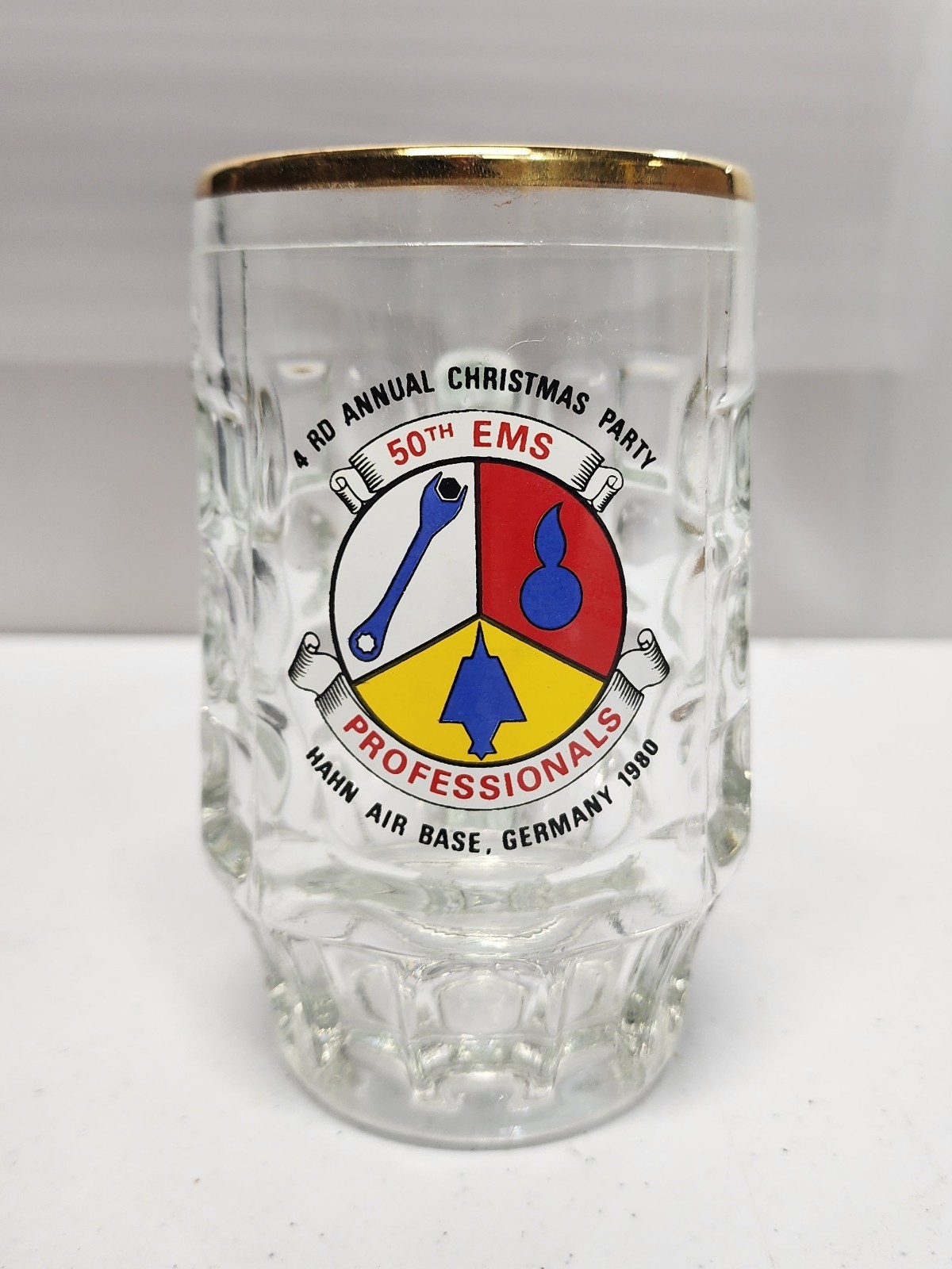 Vintage "50th EMS" Hahn Air Force Base Germany 1980 Clear Glass Beer Mug Tankard