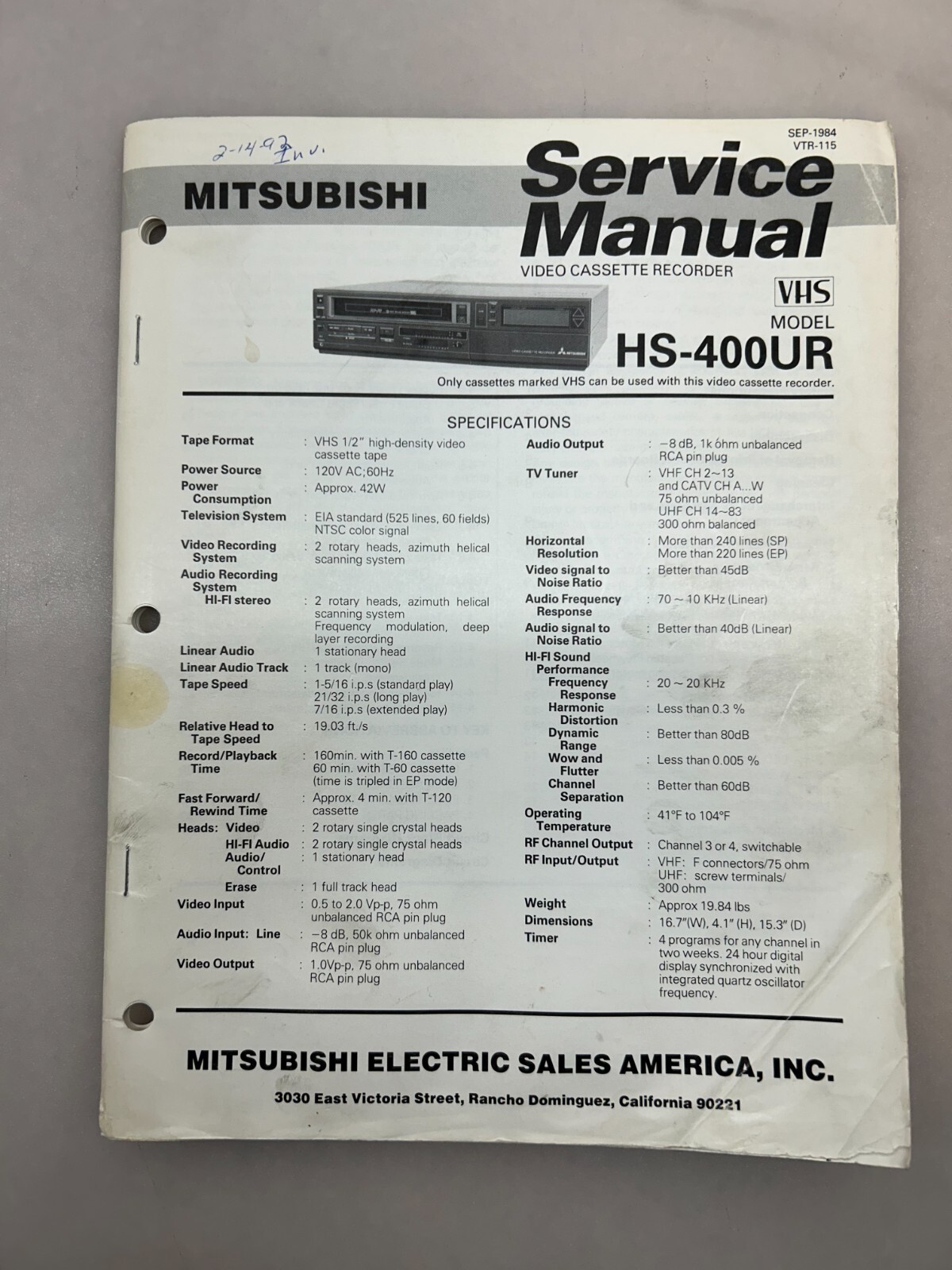 Mitsubishi HS-400UR Original Service Manual Free Shipping