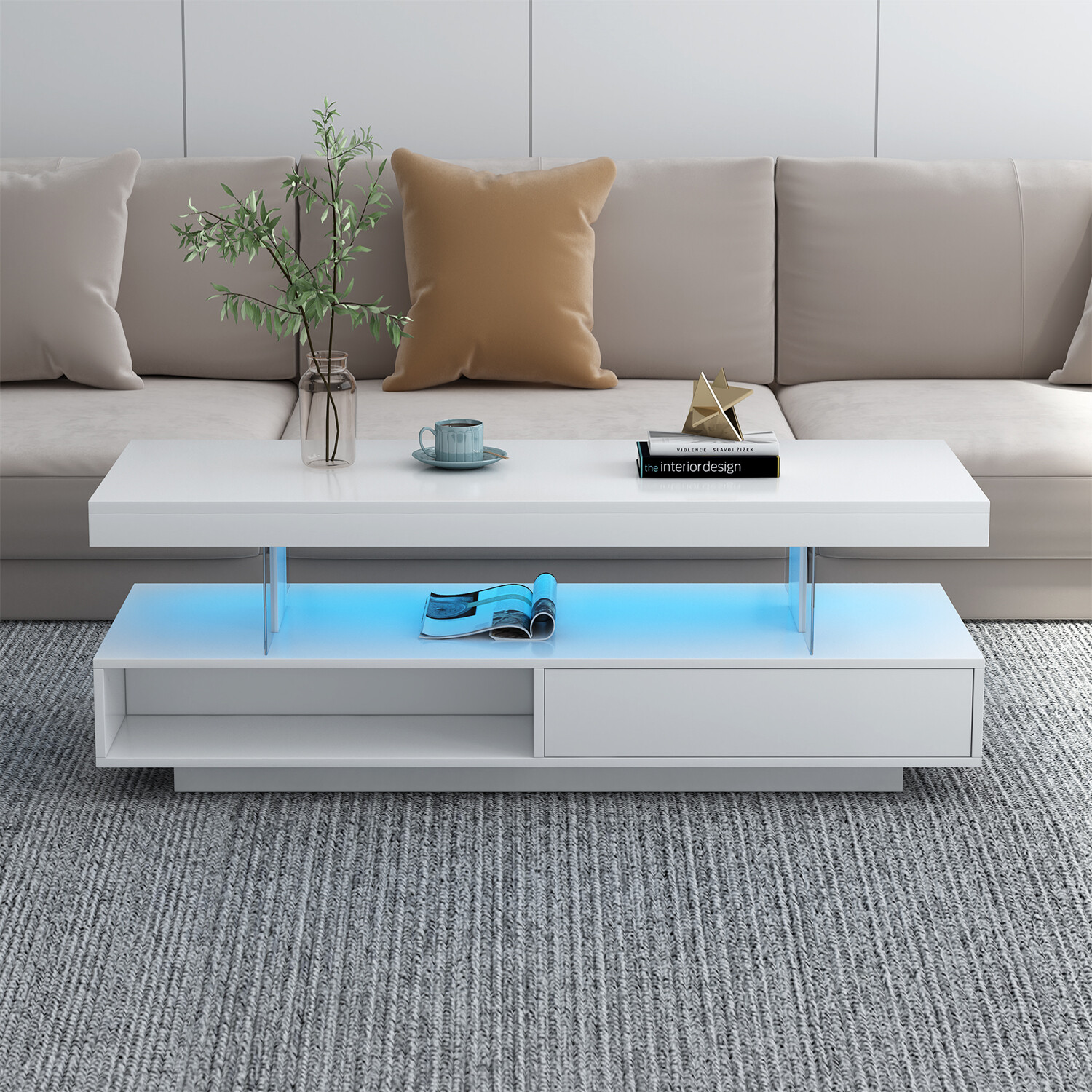 High Gloss LED Coffee Table Modern Side End Table w/ LED Lights & 2 Drawers US