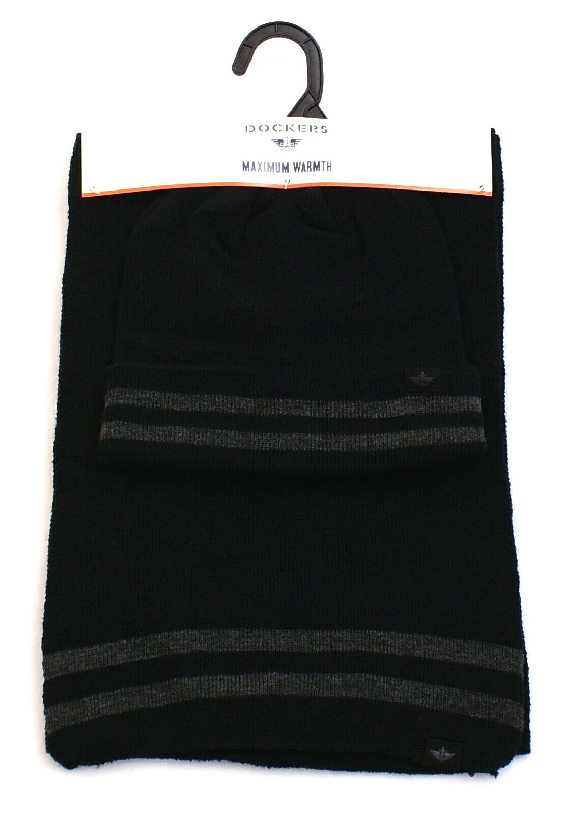 Dockers Black Knit Cuff Beanie & Knit Winter Scarf Muffler Men's NWT