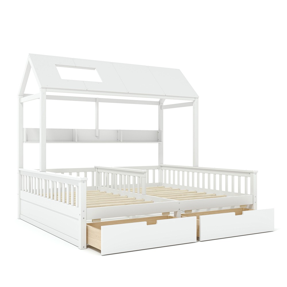 White Double Twin Platform Bed w/ Storage Shelves & Drawers
