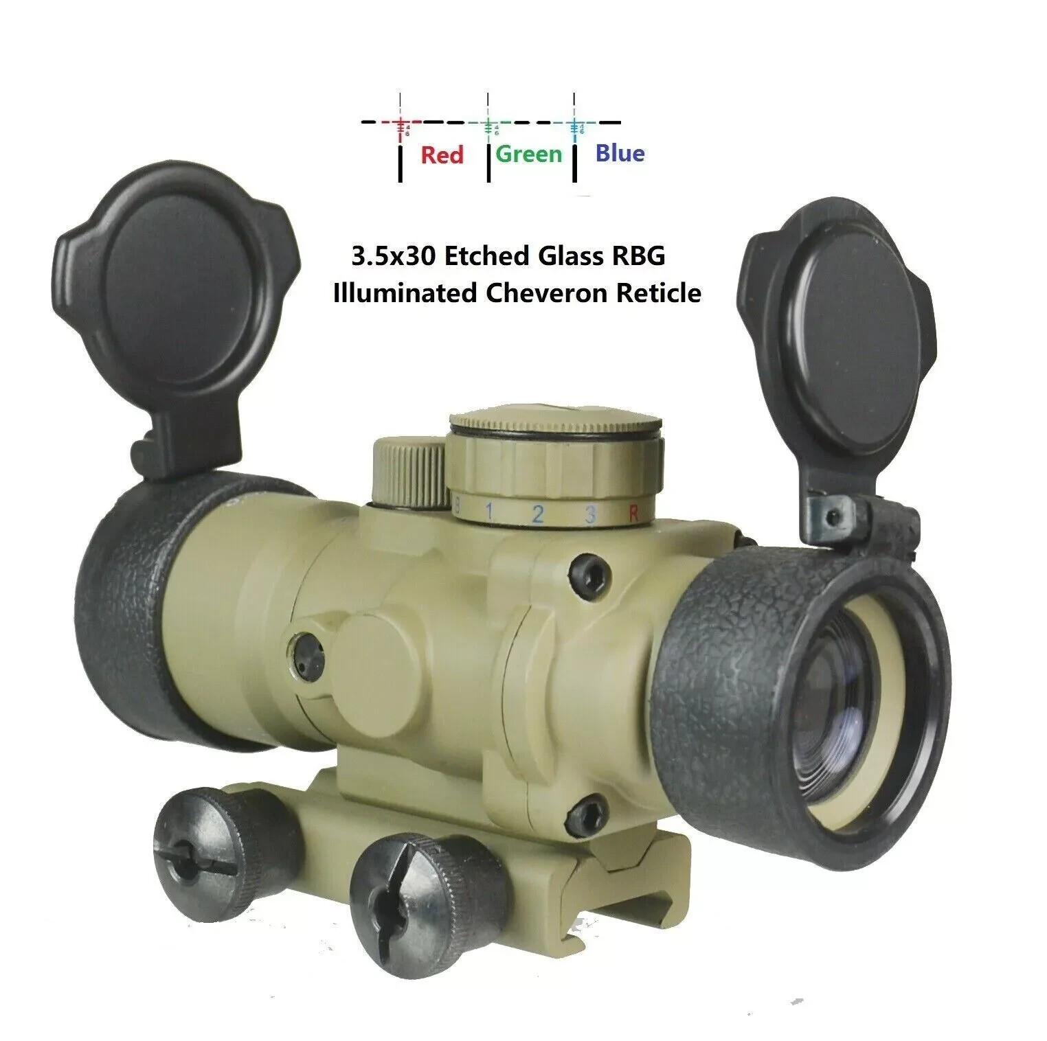 Tan 3.5X30 Compact Prism Scope, Red Blue & Green Illuminated Etched Glass