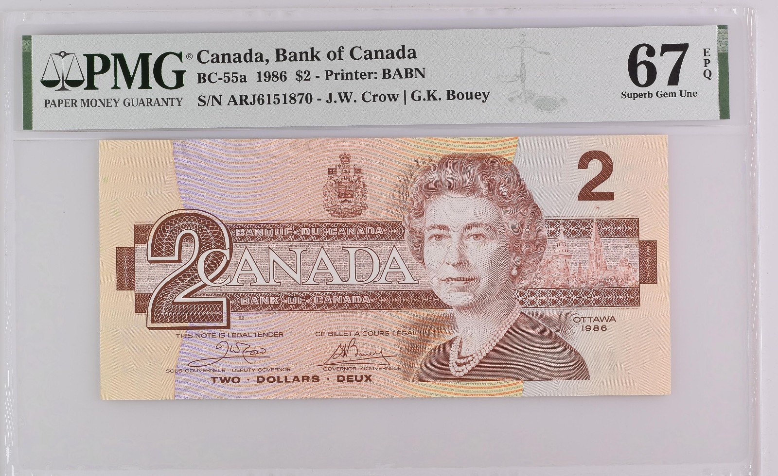 Canada $2 1986 Crow/Bouey BC-55a ARJ 6151870 - Graded PMG 67 EPQ  Superb Gem UNC