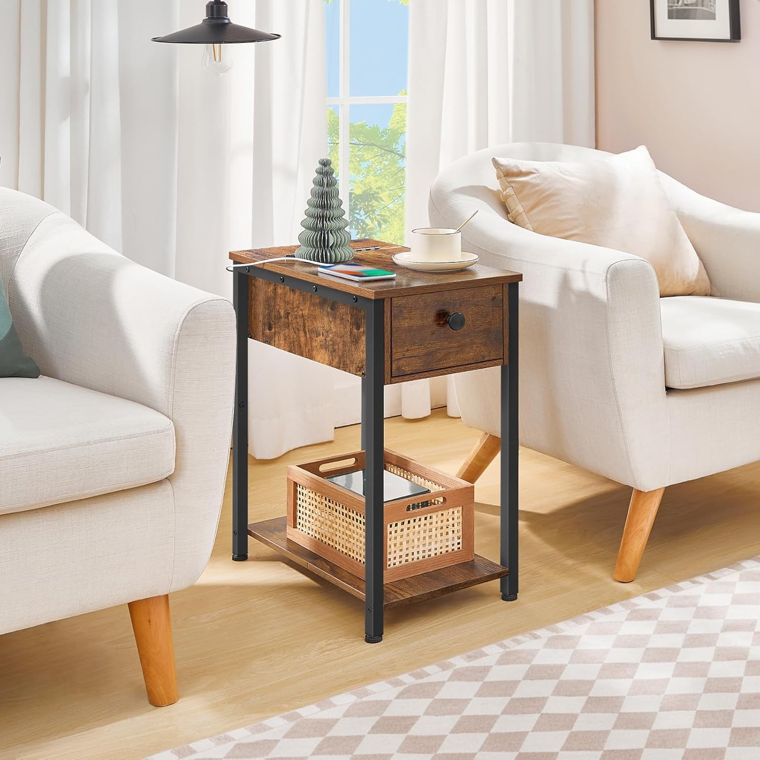 Small Nightstand Bedside Tables with Drawer and Storage Shelves Rustic Brown