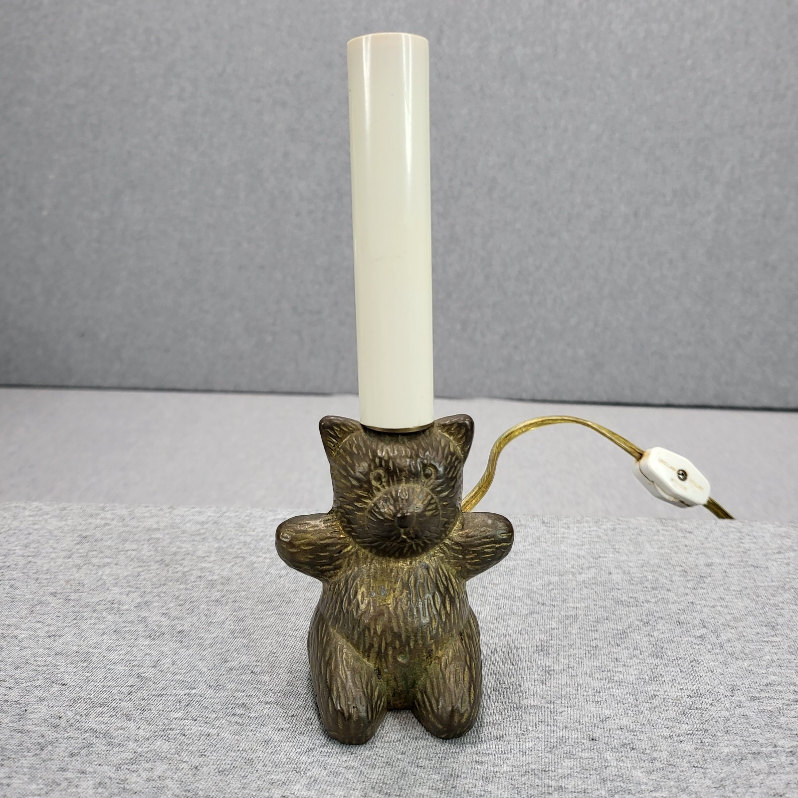 Vintage Brass Electric Candle Nightlight Teddy Bear Approx 8” Nursery Lamp Works