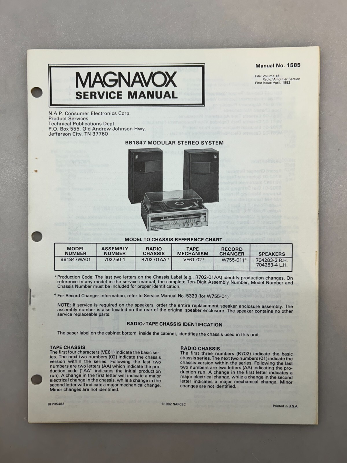 Magnavox BB1847 Original Service Manual Free Shipping
