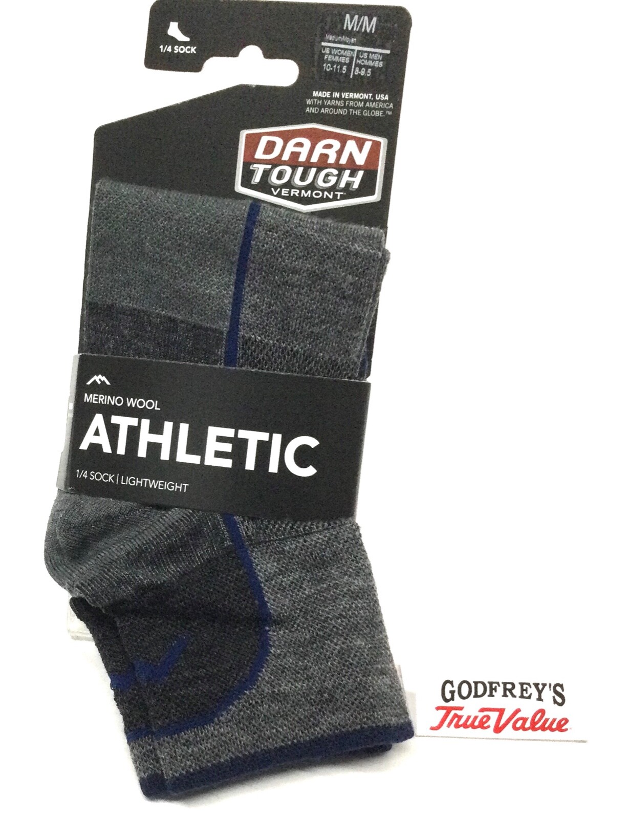 USA 1715 DARN TOUGH MEN'S CHARCOAL Run/Bike MERINO WOOL 1/4 SOCKS Light M L XL