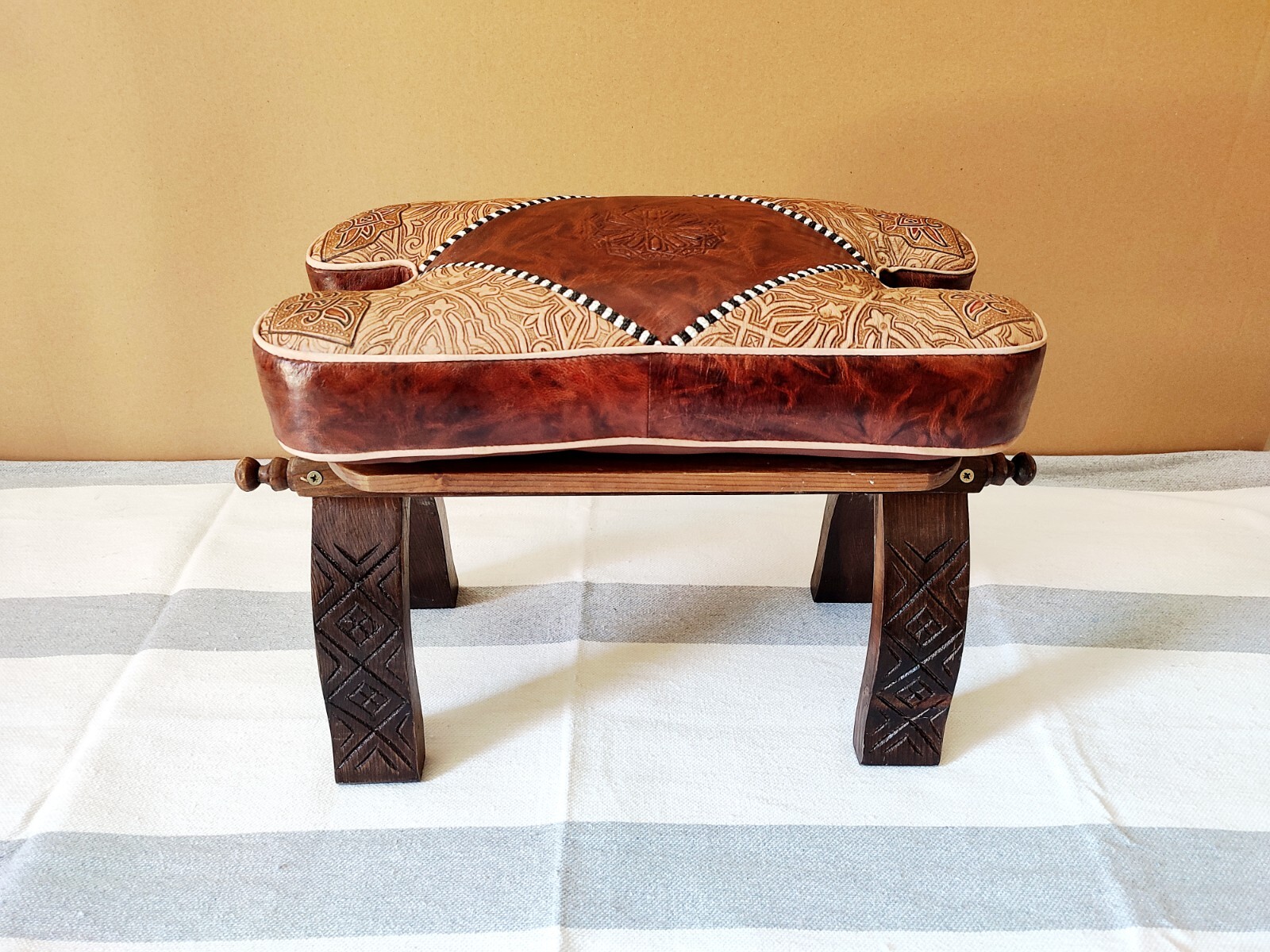 Camel Saddle Stool, Wooden Saddle Stool With Genuine Leather Pad.