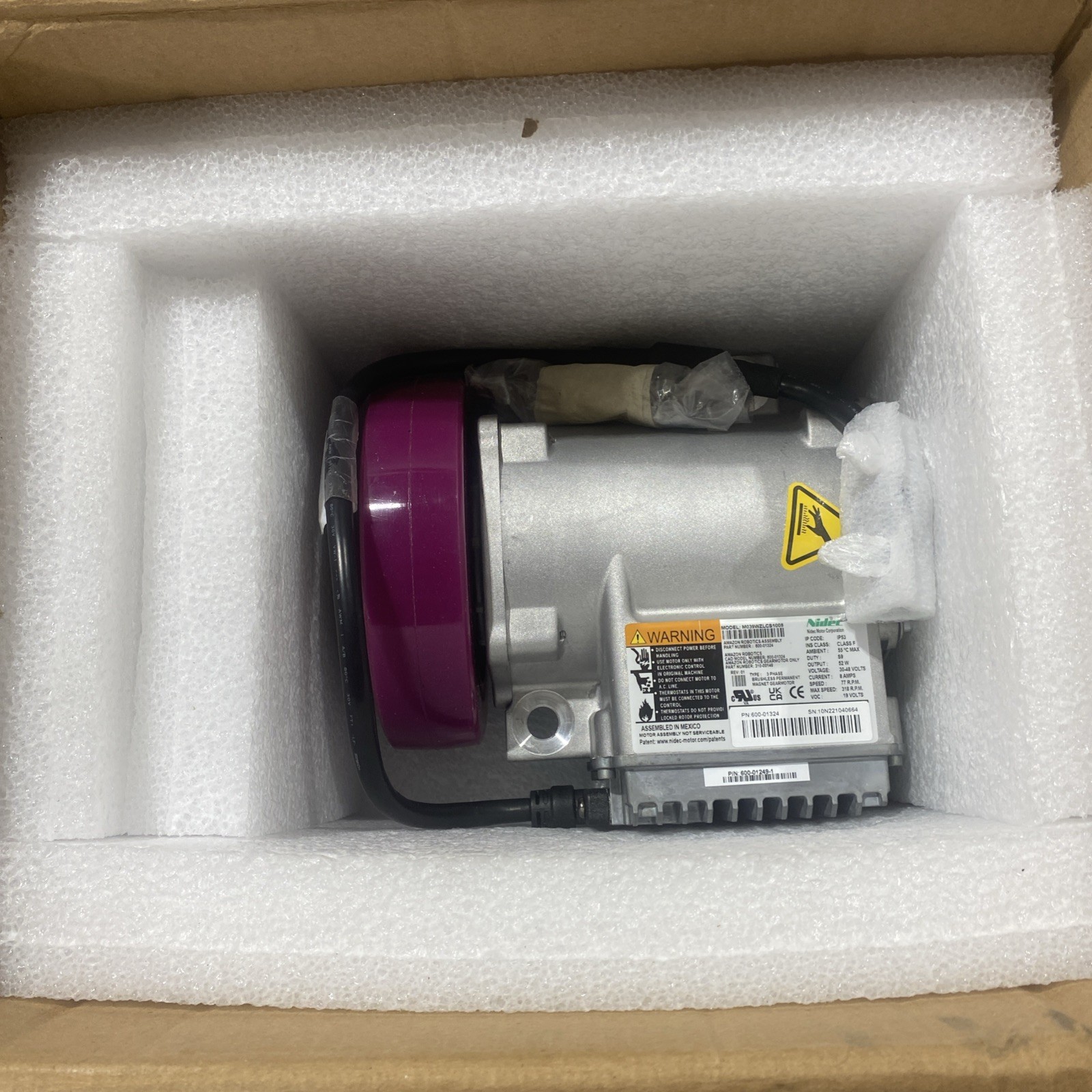 Nidec Motor Model M039WZLCS1008 Output 52W Duty S9 Volt 30-48 V 8amps Speed 77