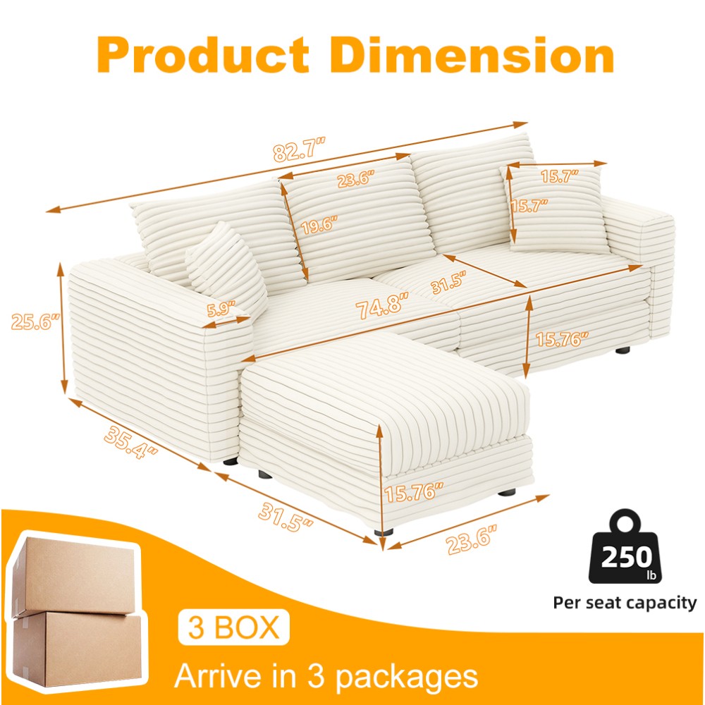 Modern Plush Corduroy 3-Seat Sofa w/ Ottoman,Convertible Lounge Chair-Beige