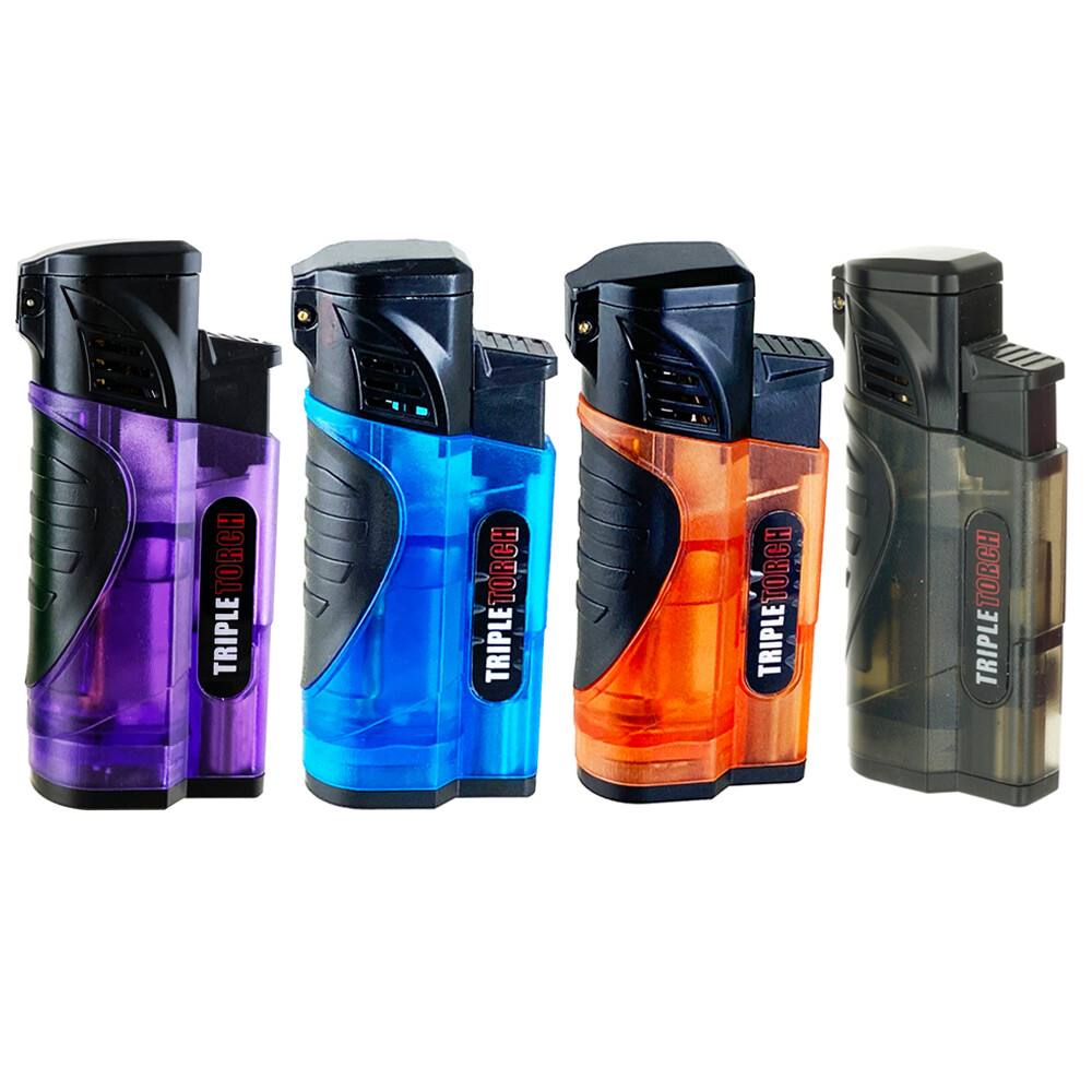 4 PACK Triple Clear Color Torch Lighter Adjustable Flame W/Cigar Puncher GR