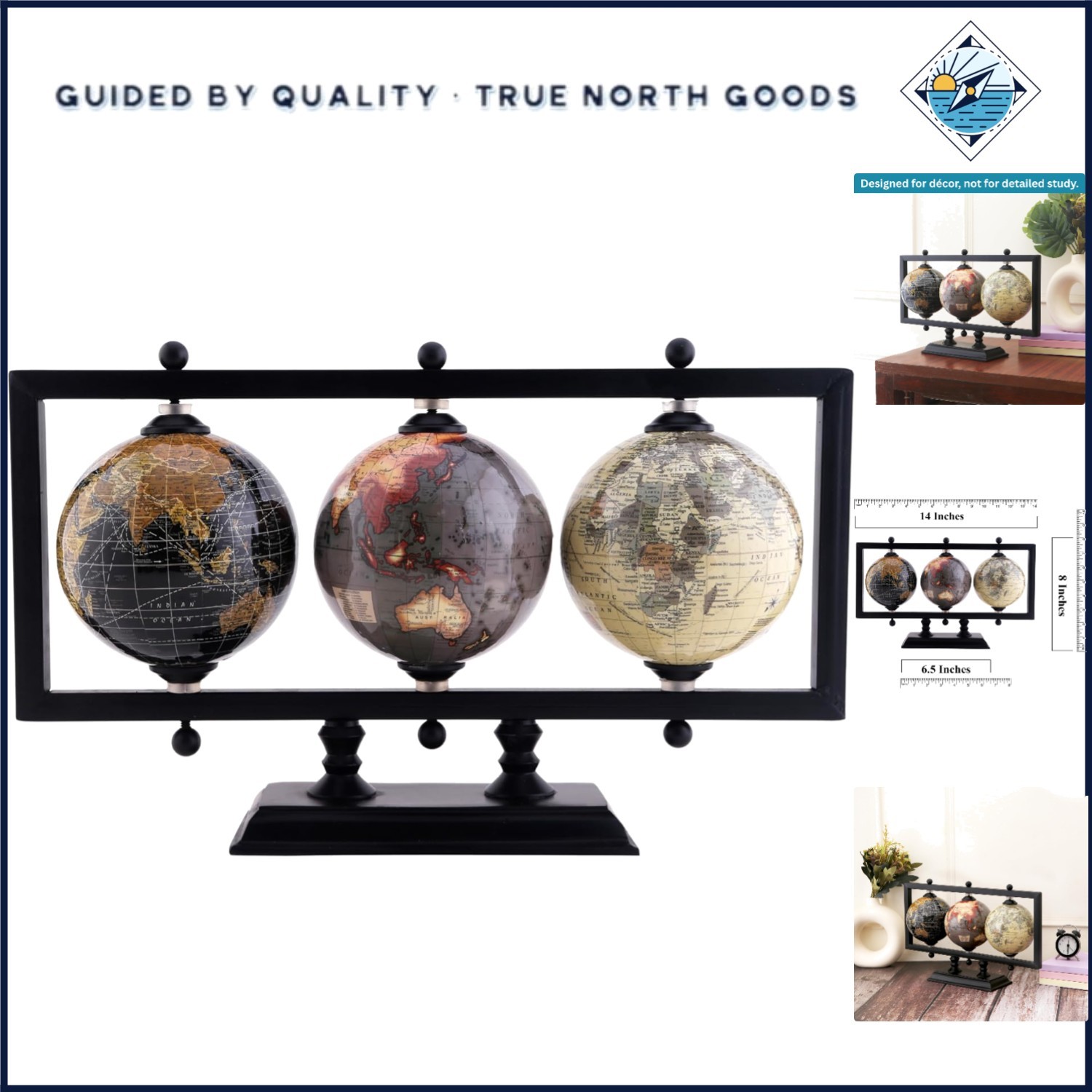 Set of 3 Rotating Earth Globes for Elegant Office Decor and Home Table Display