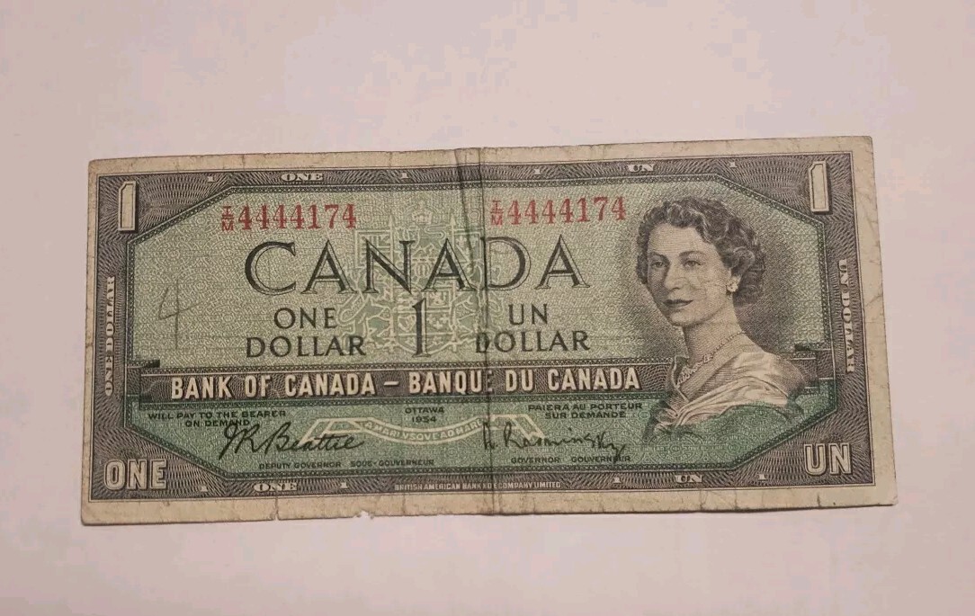 Canadian 1954 1 Dollar Bill Modified Portrait  Beattie/Rasminsky T/M Prefix