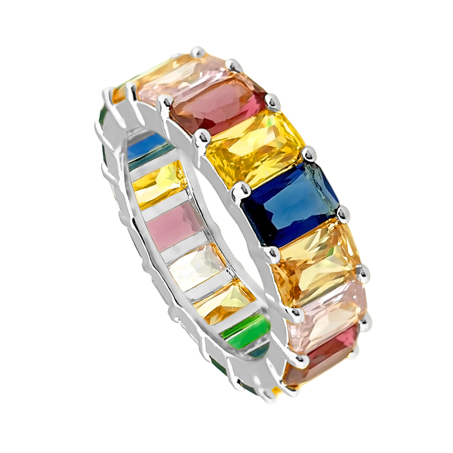 6mm Rainbow Emerald Cut Ring Cubic Zirconia, Eternity Band Ring for Woman Girls
