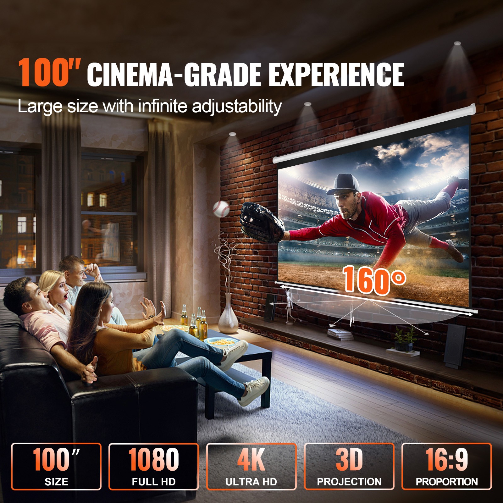 VEVOR Manual Pull Down Projector Screen 100 inch 16:9 4K 1080 HD Retractable