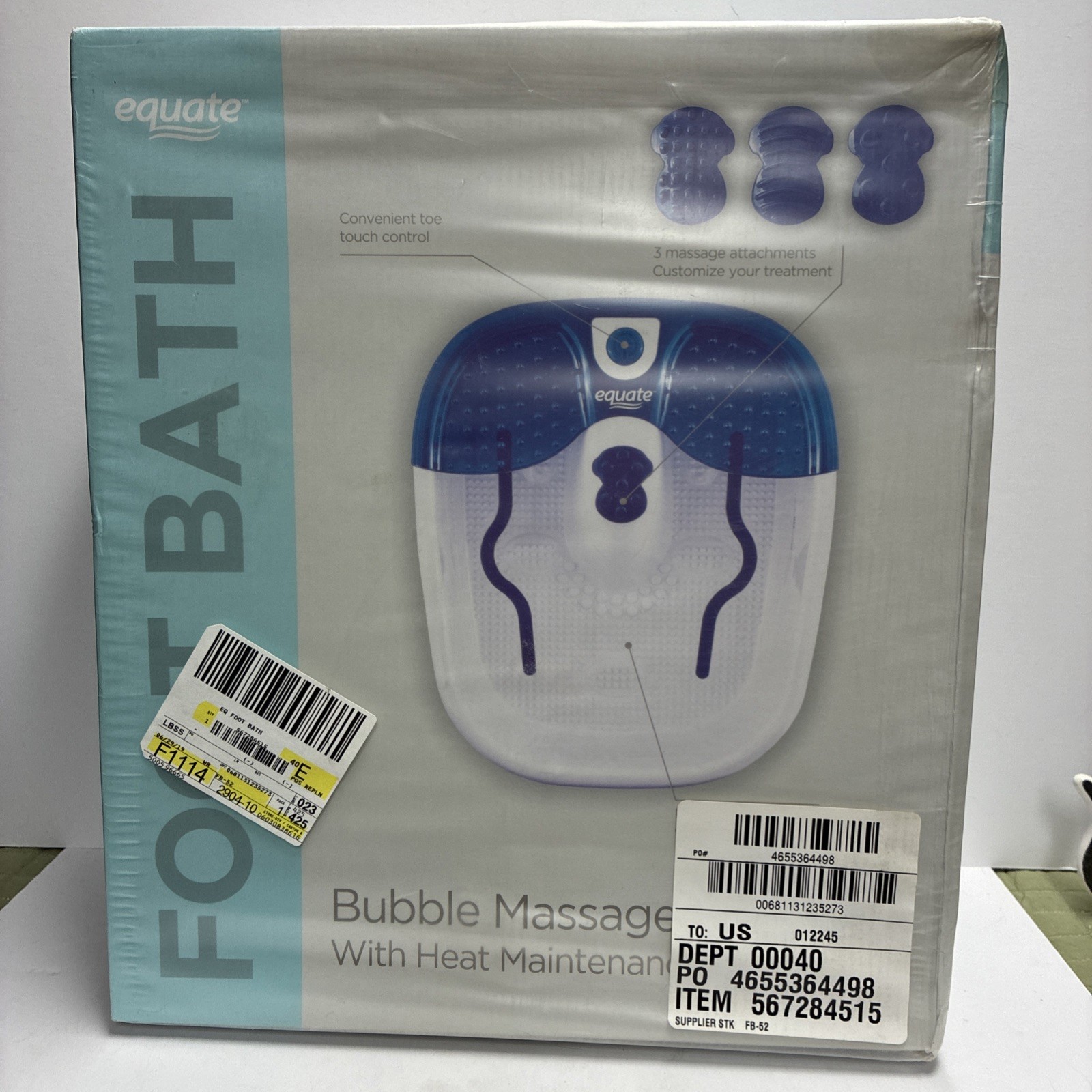 Equate Bubble Massage Foot Bath, Heat, Toe-Touch Control, 3 Attachments