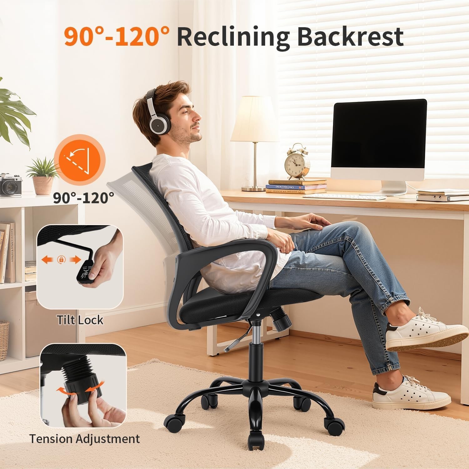 Compact Ergonomic Office Chair - Adjustable Height, Rolling Desk Chair in Black
