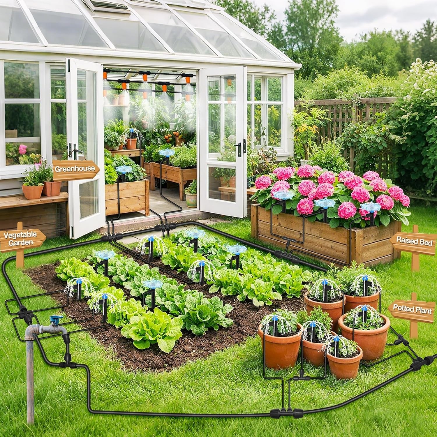 300FT Drip Irrigation System Kit - Full Garden Coverage
