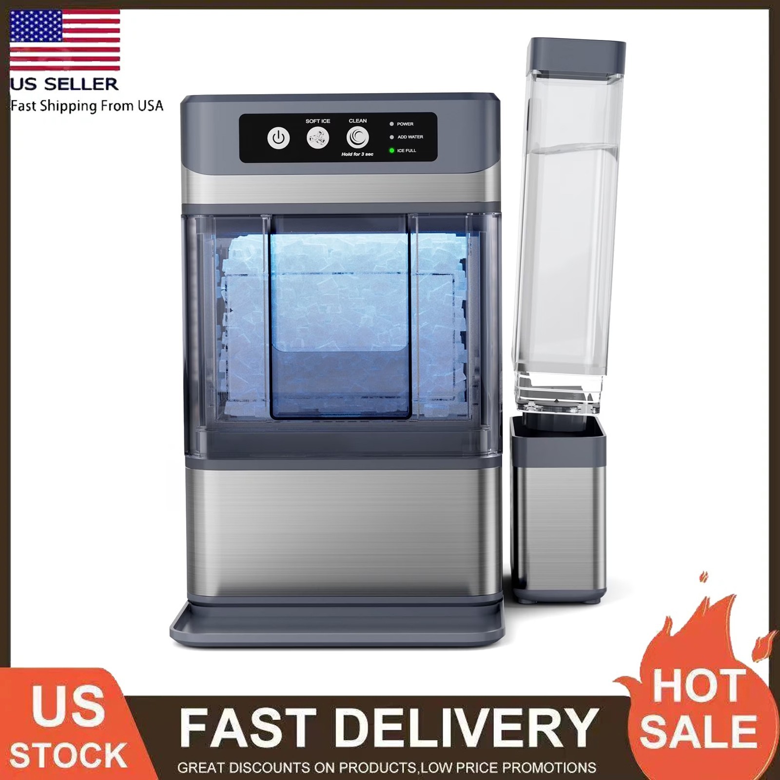 44lb Countertop Nugget Ice Maker 5Mins Fast Pebble Ice Making Machine Self-Clean