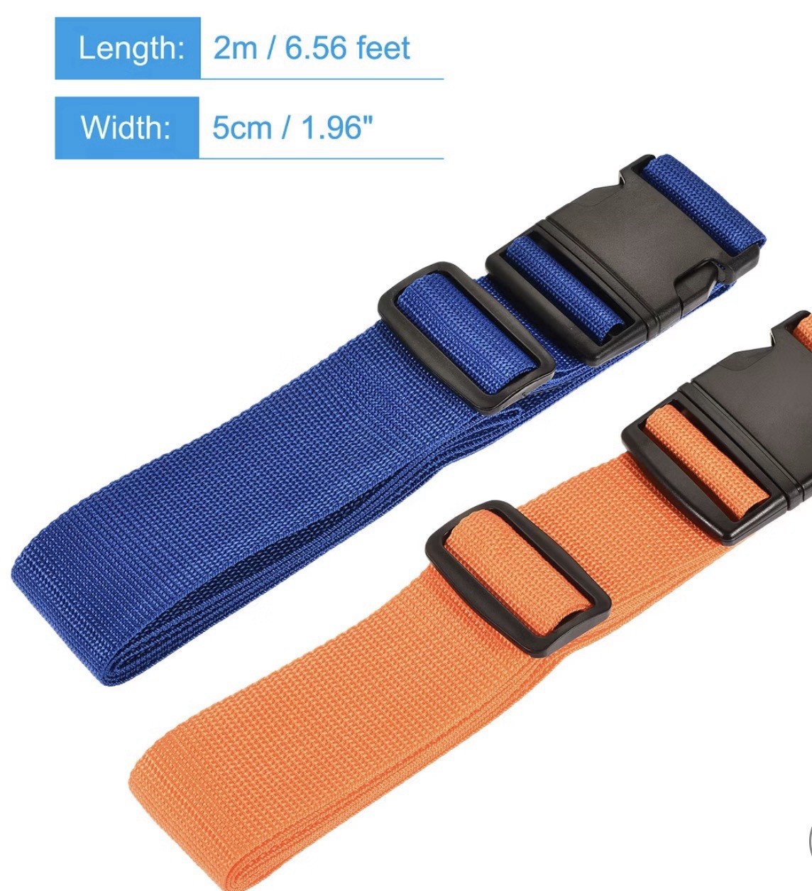 2-Pack Travel Luggage Straps 2m x 5cm Adjustable Buckle Blue & Orange
