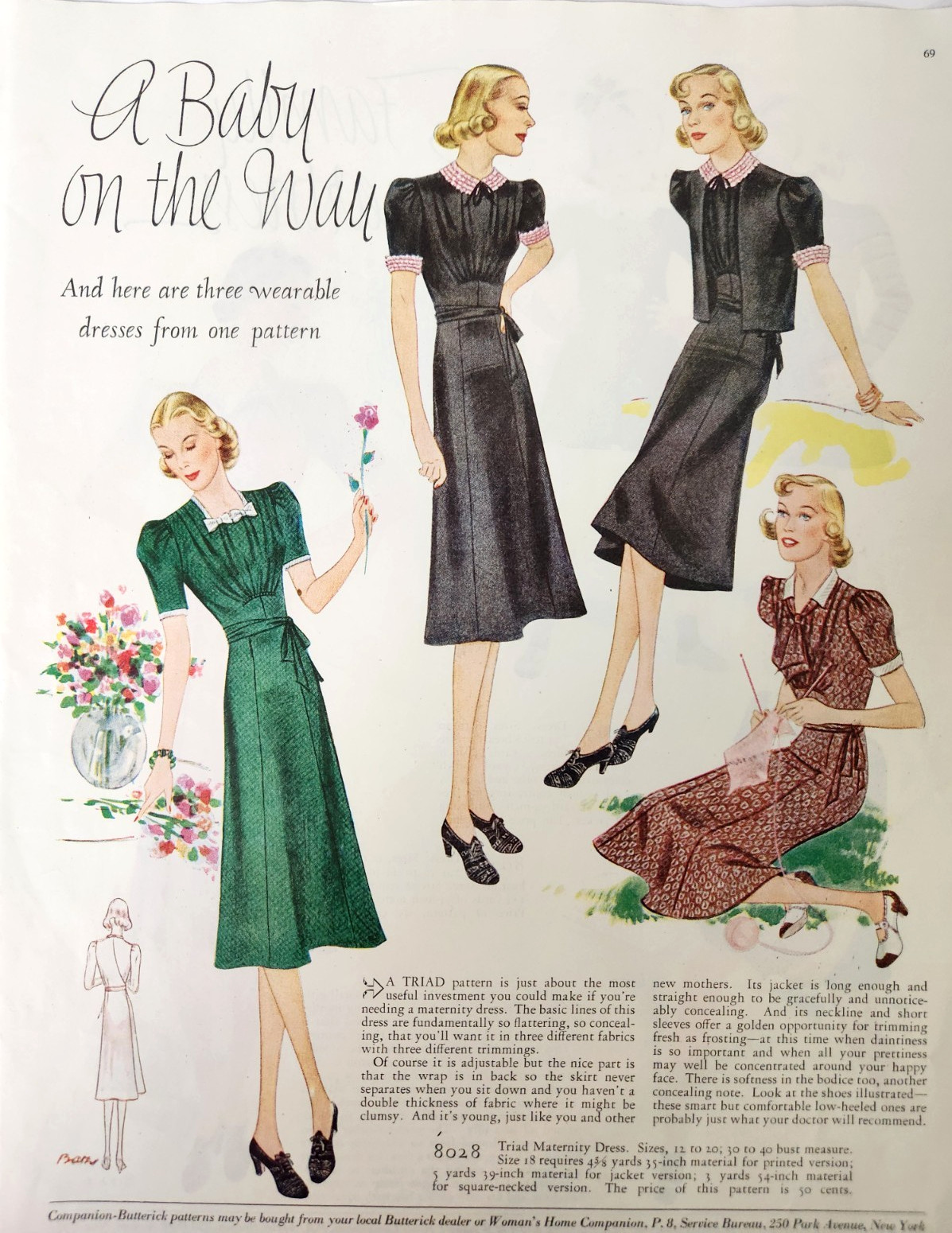 Butterick Fashion Women Triad Maternity Dress Vintage 1938 Magazine Print Ad