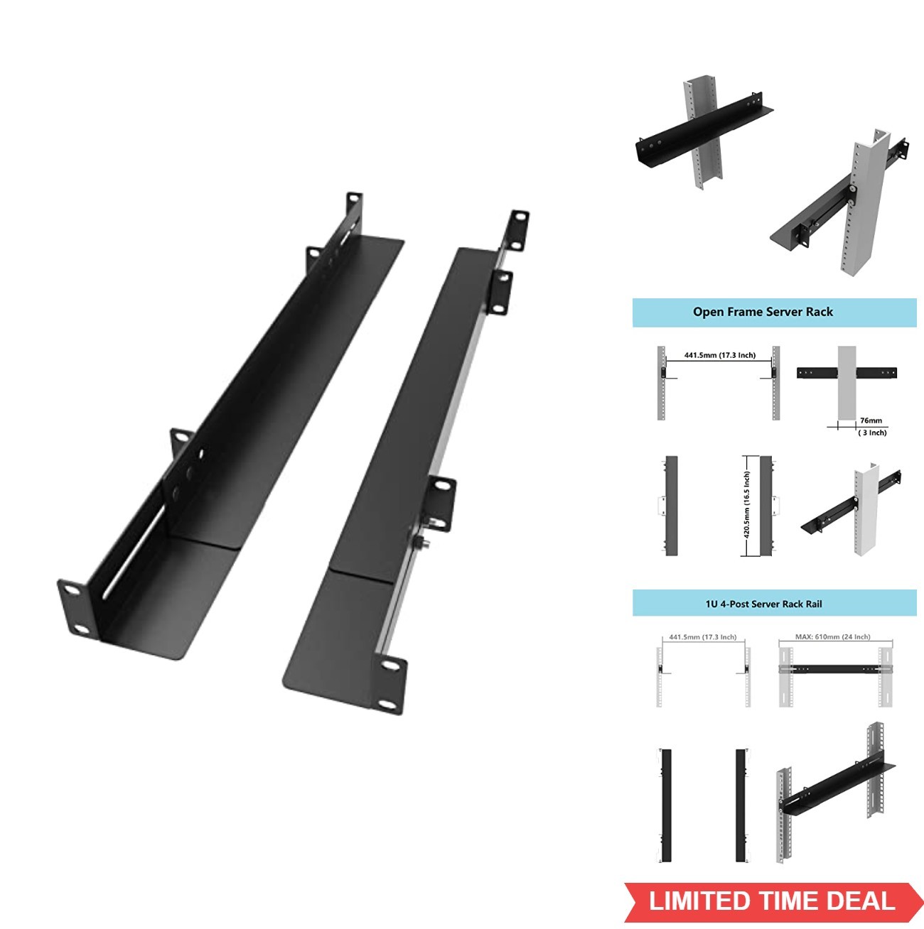 Server Rack Rails 1U 19 Inch 15 to 24 Adjustable Depth 4 Post Network Equipment