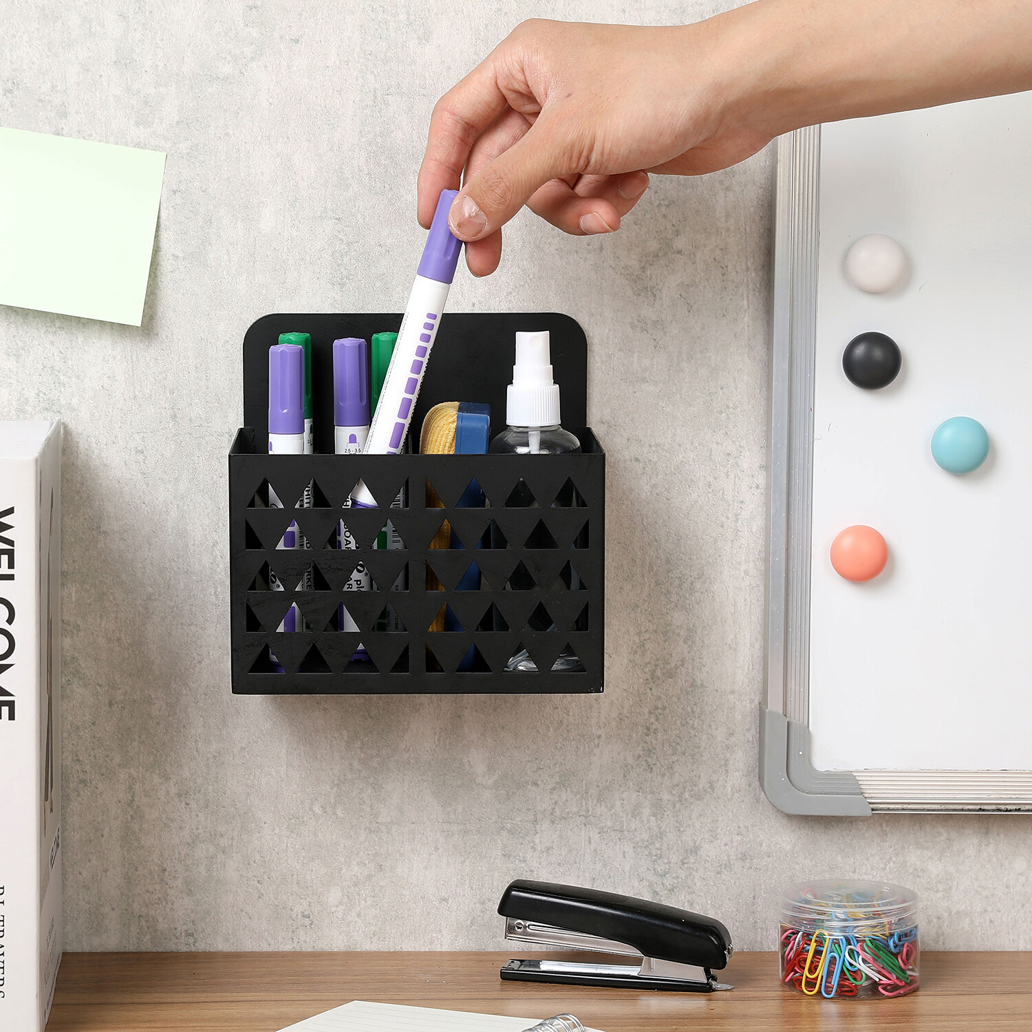 Triangle Cutouts Design 2 Slot Black Metal Whiteboard Marker / Pencil Holder