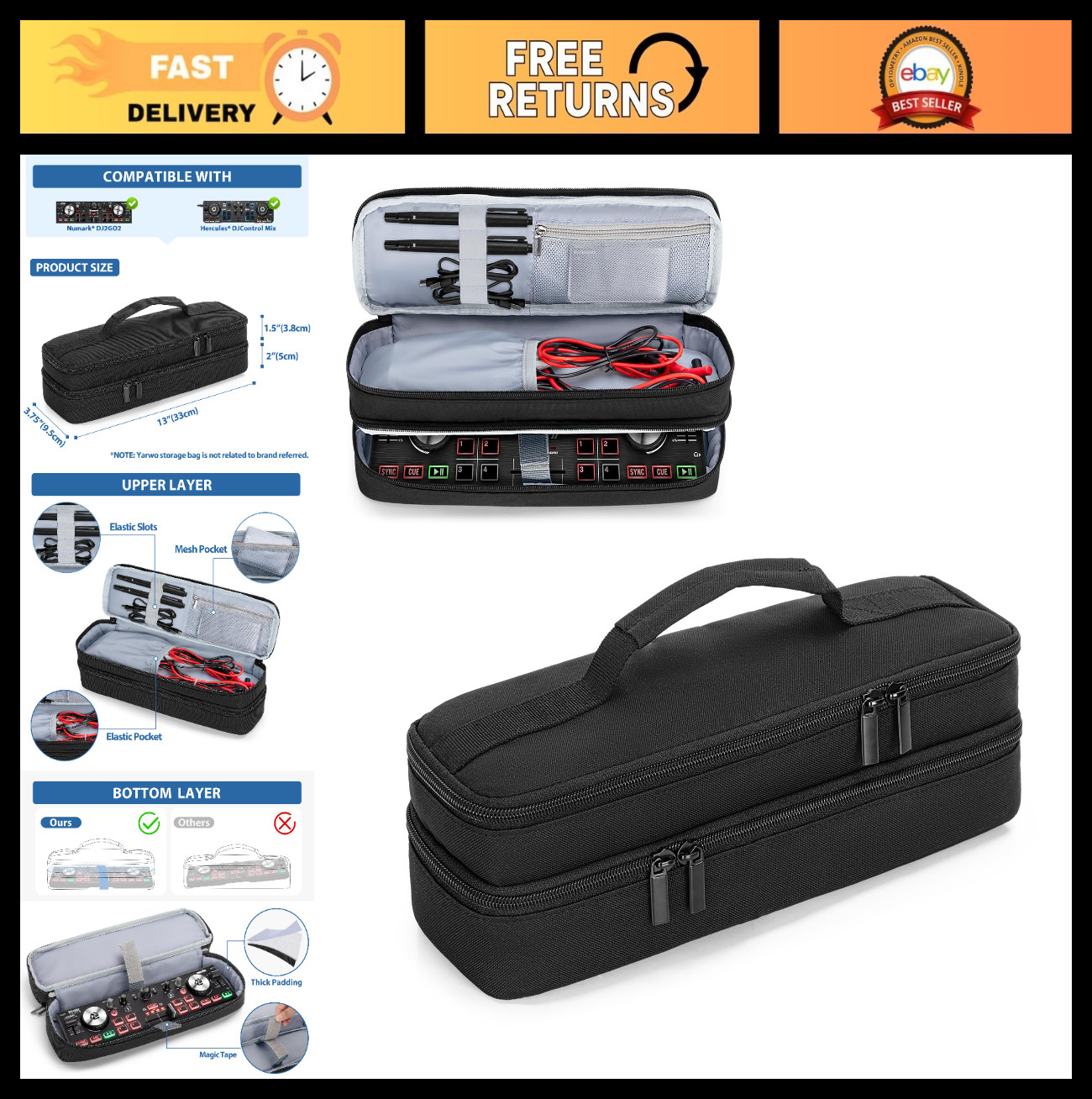 Portable DJ Controller Case for Numark DJ2GO2 Touch - Double-Layer Travel Bag wi