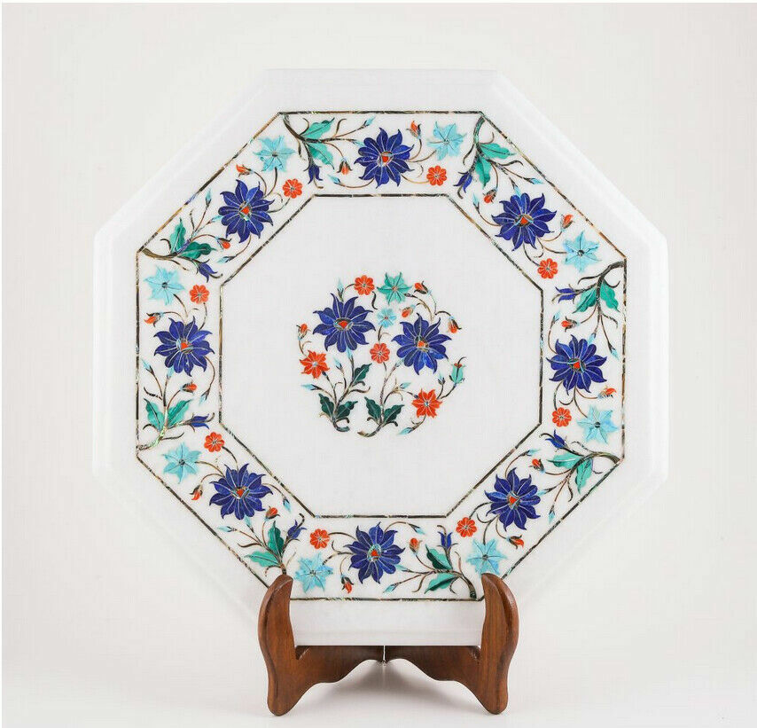 15" Corner Marble Table Top Handmade Semi Precious Stones Floral Inlay Work