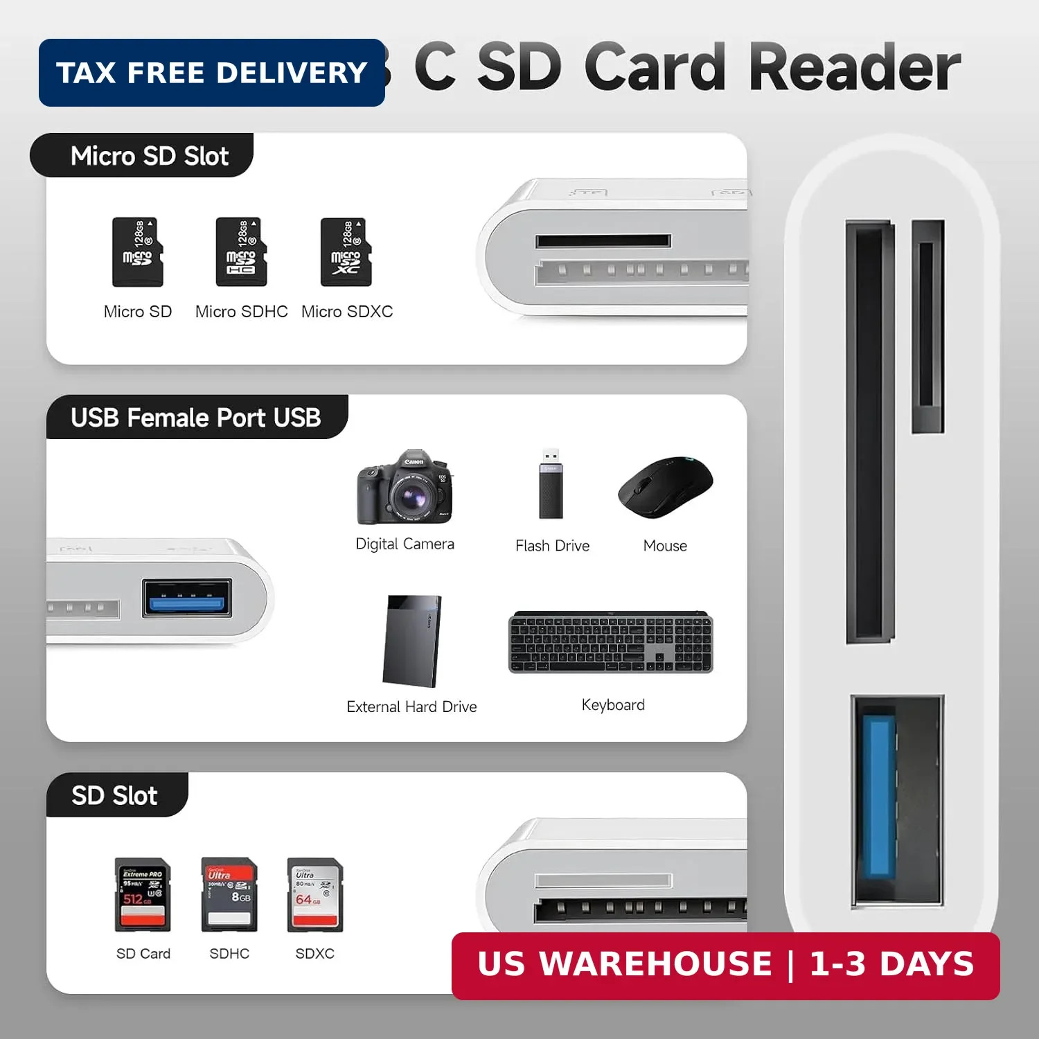 USB C SD Card Reader, 3 in 1 USB-C Memory Card Adapter with Dual Slots (SD/Micro