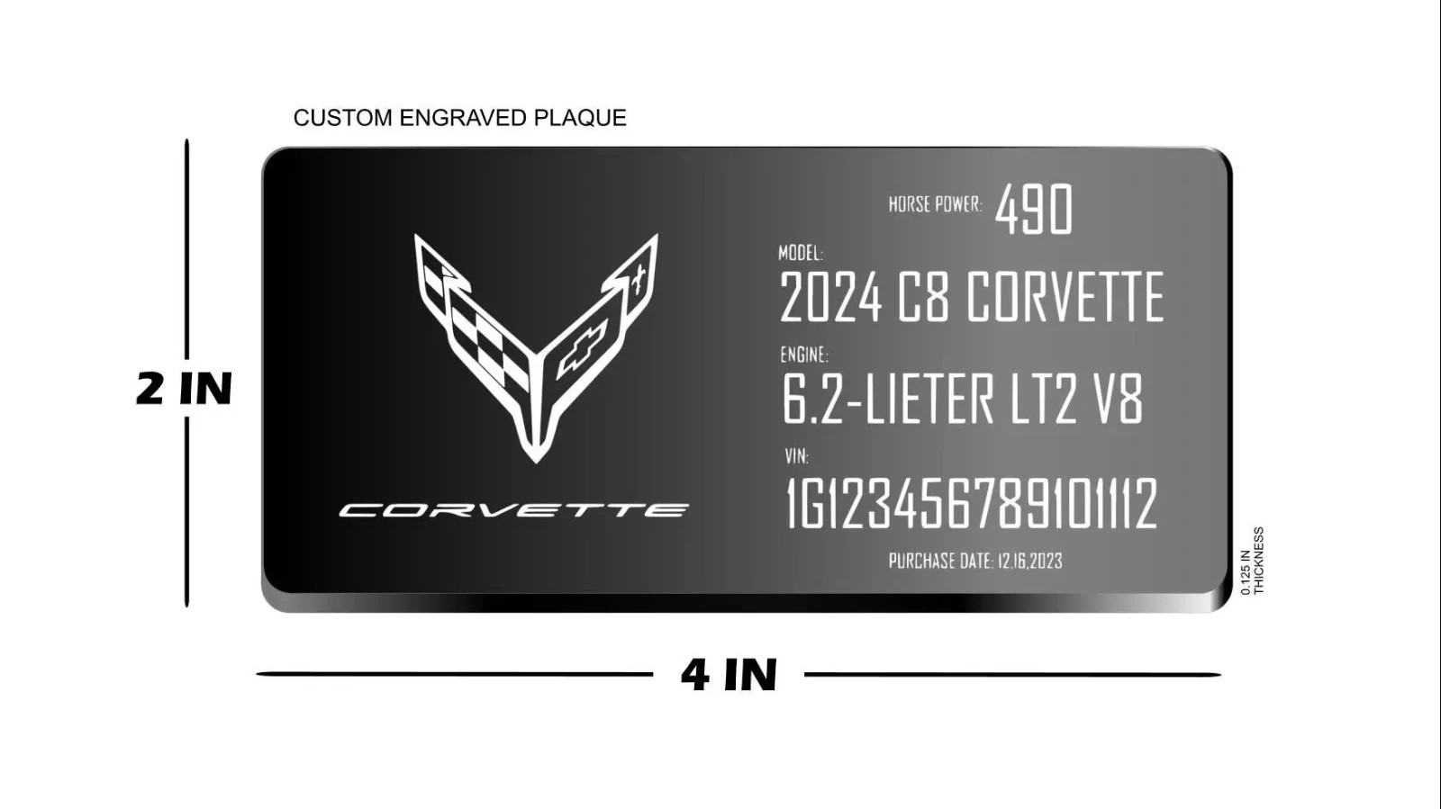 2x4 IN Engraved Plaque Custom for C8 Corvette, Z06, ZR1 for Interior / Engine
