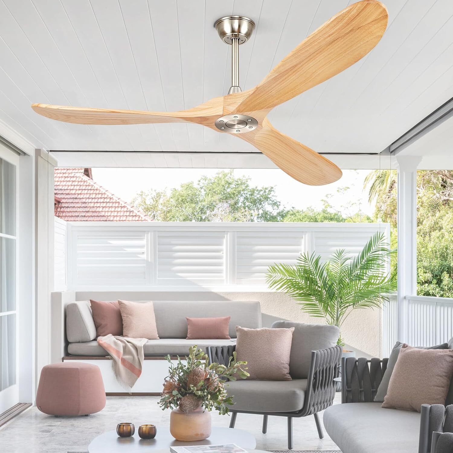60inch Outdoor Indoor Solid Wood Ceiling Fan No Light W/Remote for Bedroom Patio