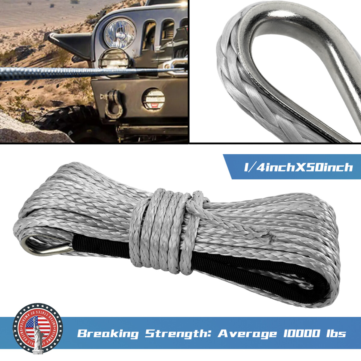 1/4"x50' 10000LBS Synthetic Winch Rope Gray Recovery Cable Heavy Duty Universal