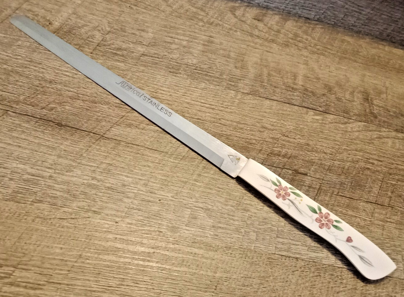 Vtg Household Surgical Stainless Carving Knife White Handle Red Vine flowers 9"