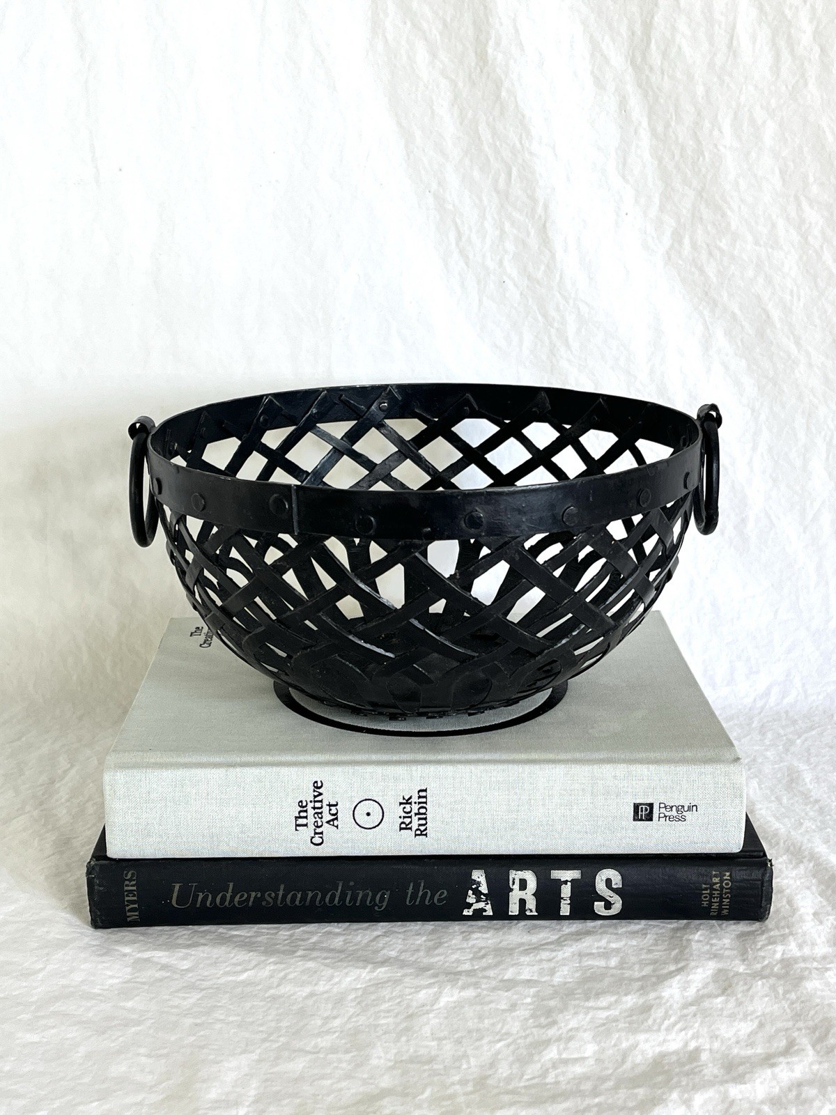 Black Resin Basket with Ring Handles Inspired by Cast Iron Baskets
