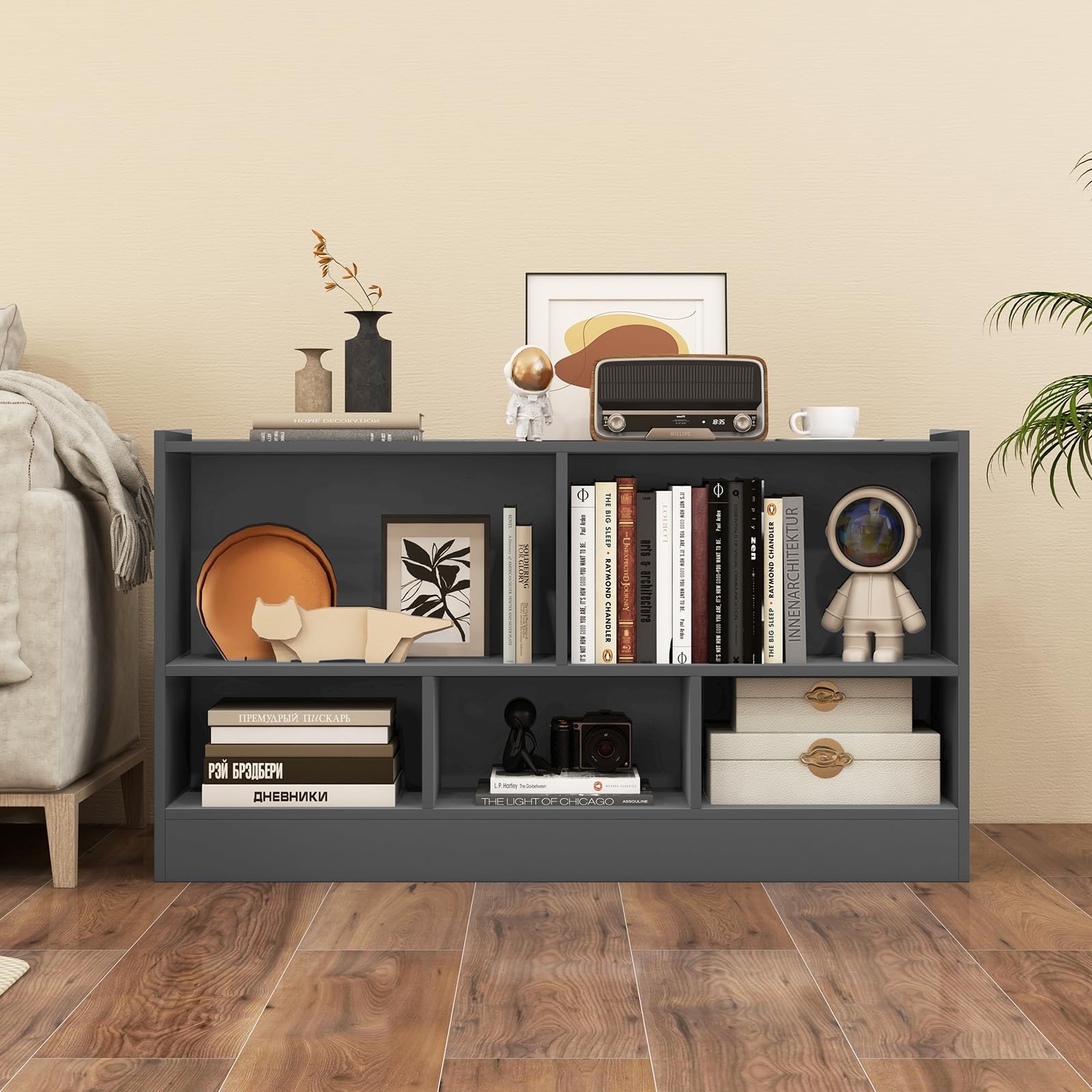 5-Cube Bookcase, Freestanding 3-Tier Bookshelf with Spacious Top & Raised Bas...