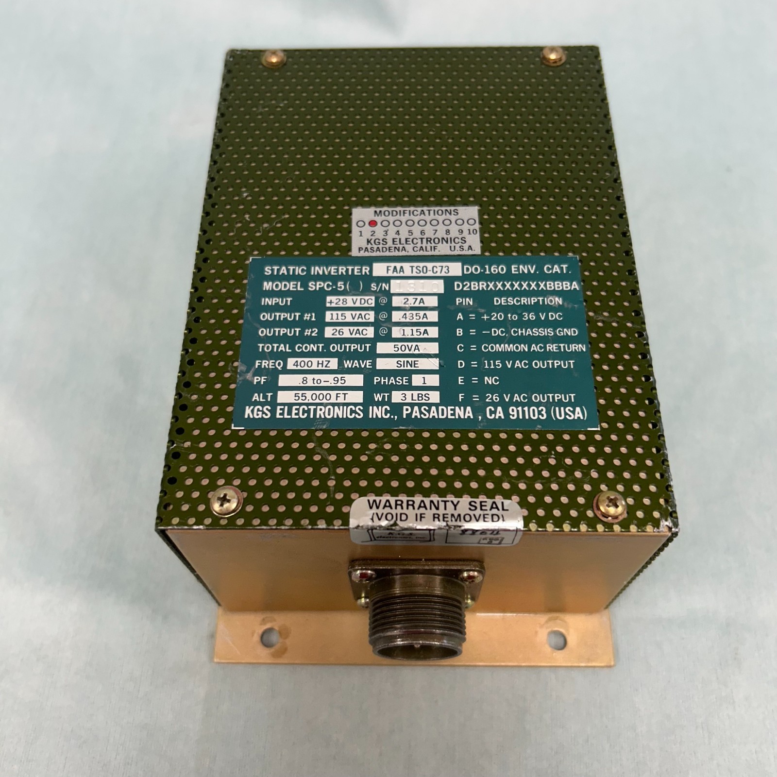 KGS Electronics Inc. Static Inverter FAA TSO-C73 SPC-5